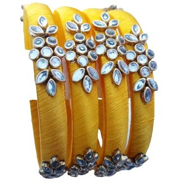 IJYA Sihan Handicrafts Kundan Work Silk Thread Bangle Kada For Women Girls 4 PC Set Wedding & Festive Occasion Handmade Multicolored Chura Chuda Chudi Stone Studded (YELLOW, 2.4)