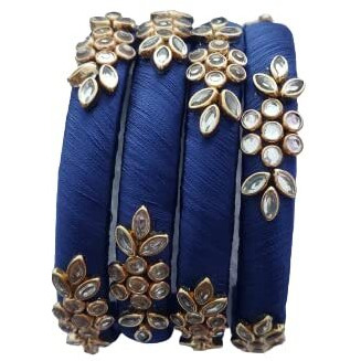 IJYA Sihan Handicrafts Kundan Work Silk Thread Bangle Kada For Women Girls 4 PC Set Wedding & Festive Occasion Handmade Multicolored Chura Chuda Chudi Stone Studded (BLUE, 2.4)