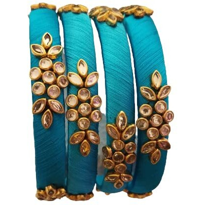 IJYA Sihan Handicrafts Kundan Work Silk Thread Bangle Kada For Women Girls 4 PC Set Wedding & Festive Occasion (SKY BLUE, 2.6)