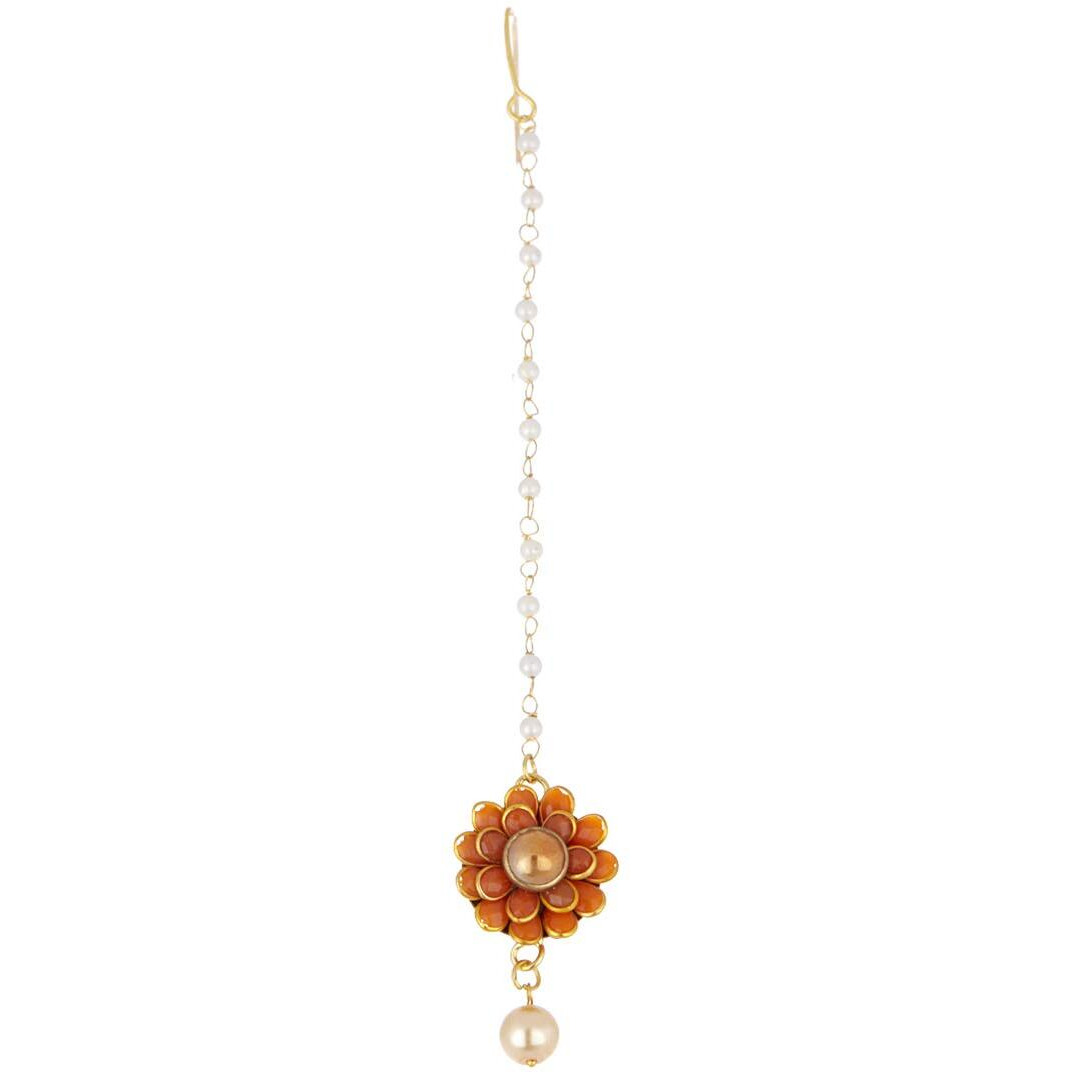 Zeneme Jewellery Floral Style Attractive Gold Plated Maang-Tikka with Pearls for Girls and Women (Orange)