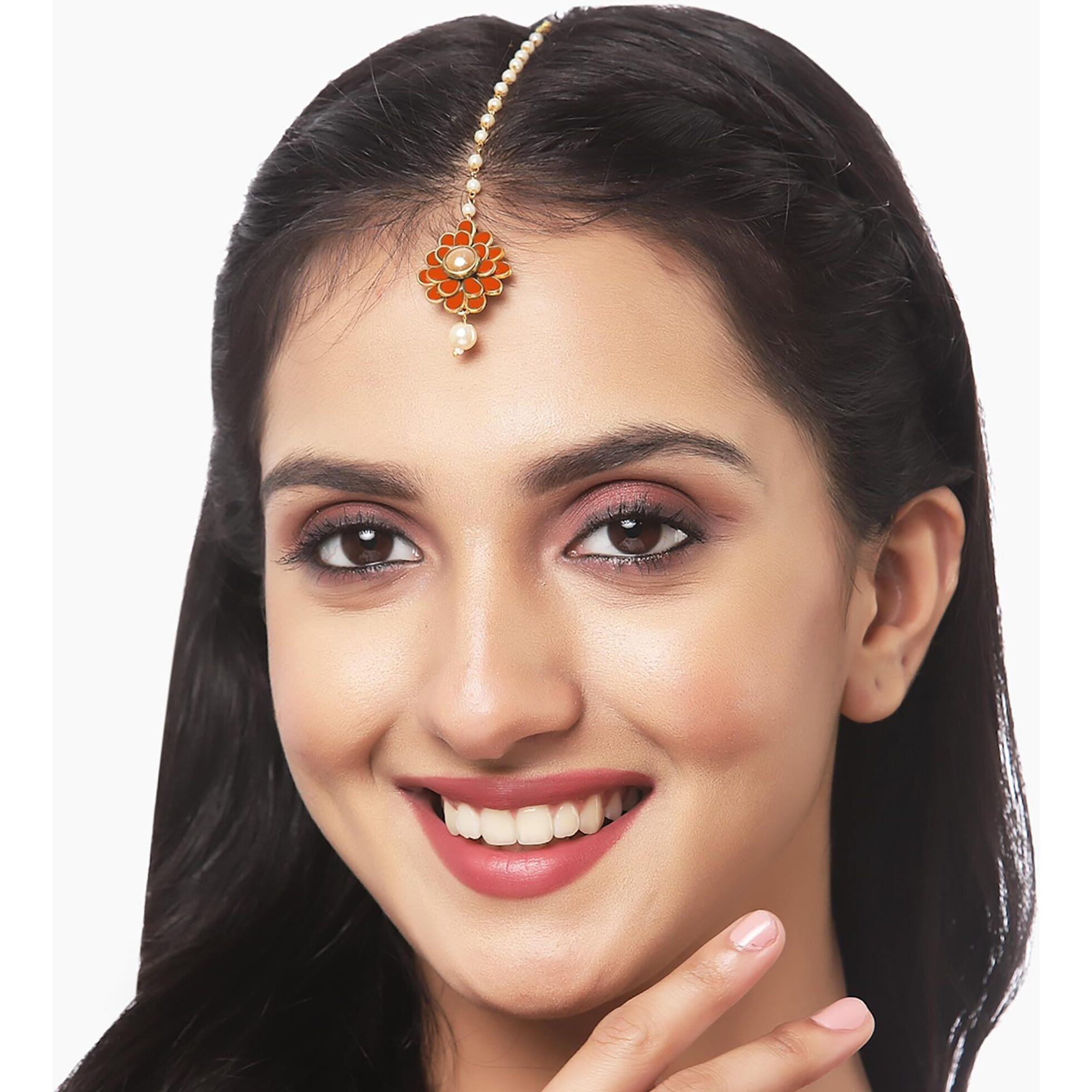 Zeneme Jewellery Floral Style Attractive Gold Plated Maang-Tikka with Pearls for Girls and Women (Orange)