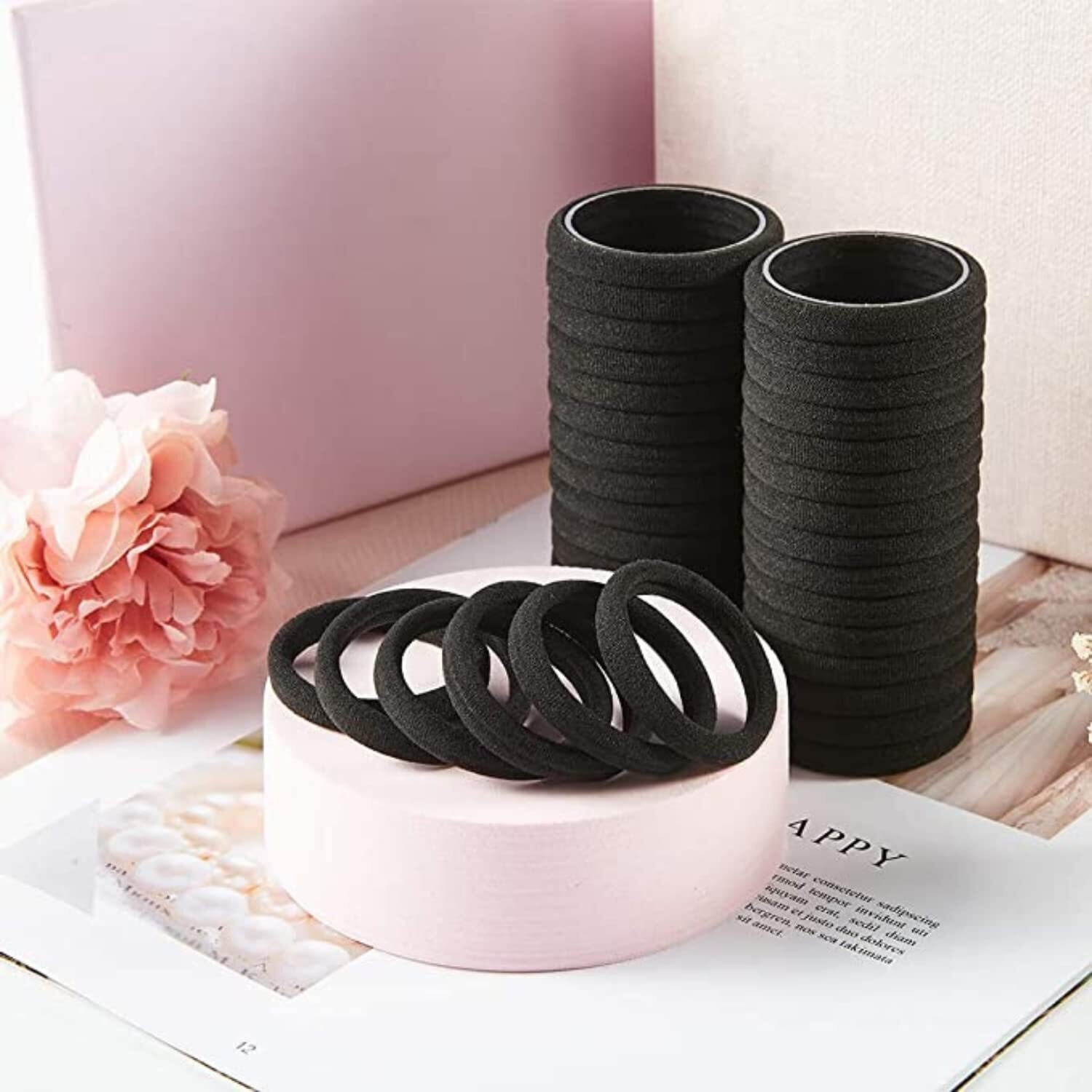 STROWBERRY Elastic Hair Ties For Girls | Soft Seamless Hair Rubber Bands | Ponytail Holders For Women | Strechable Bands | Cotton Hair Elastic Rubber Bands (Black, Pack of 50 Ps) - With Box