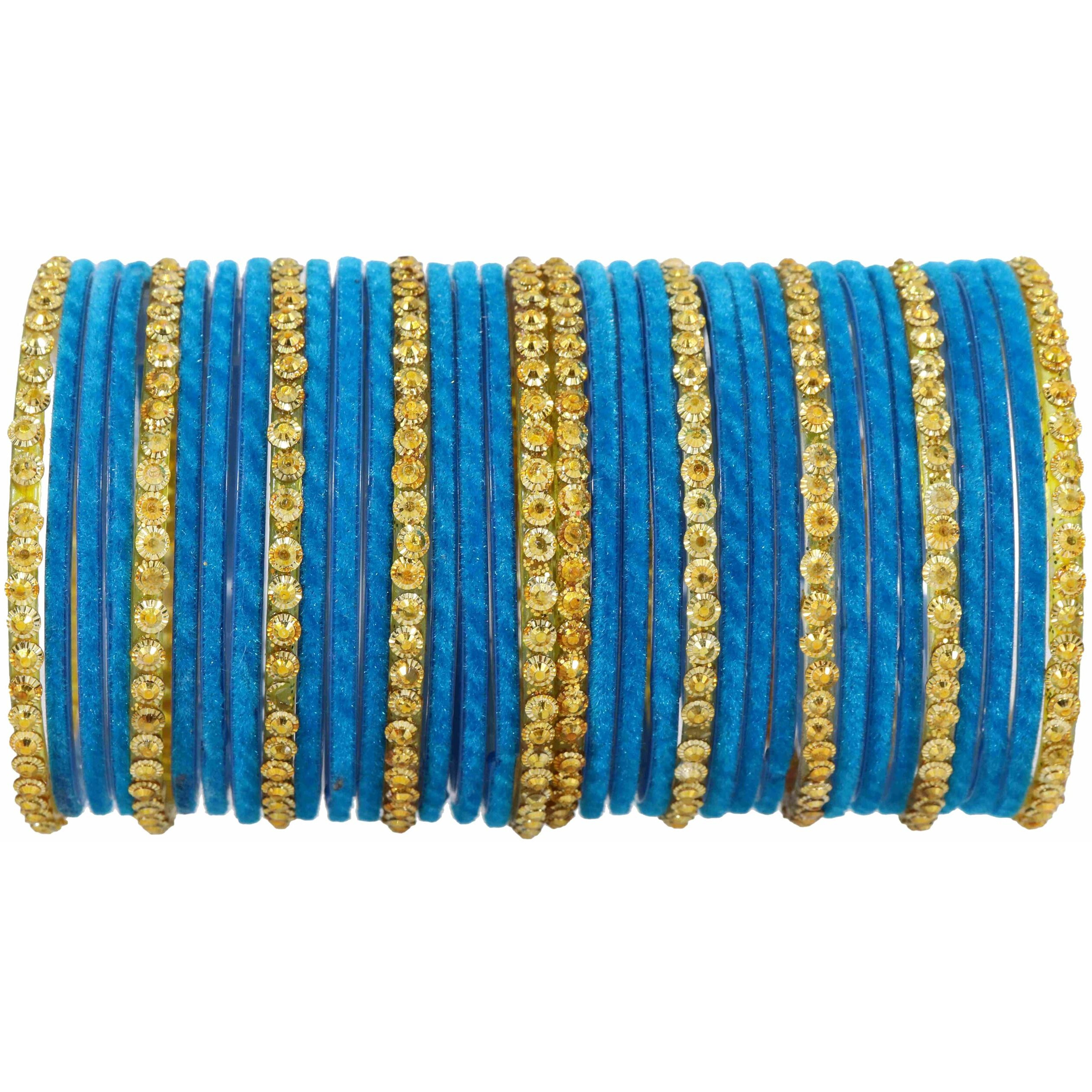 NMII Stylish Glass & Golden Beads Velvet Bangle Set For Women and Girls | Fancy Womens Bangles | Traditional Chudi Set, (F133_Guddan-(3)-SkyBlue-2.4 Inches)