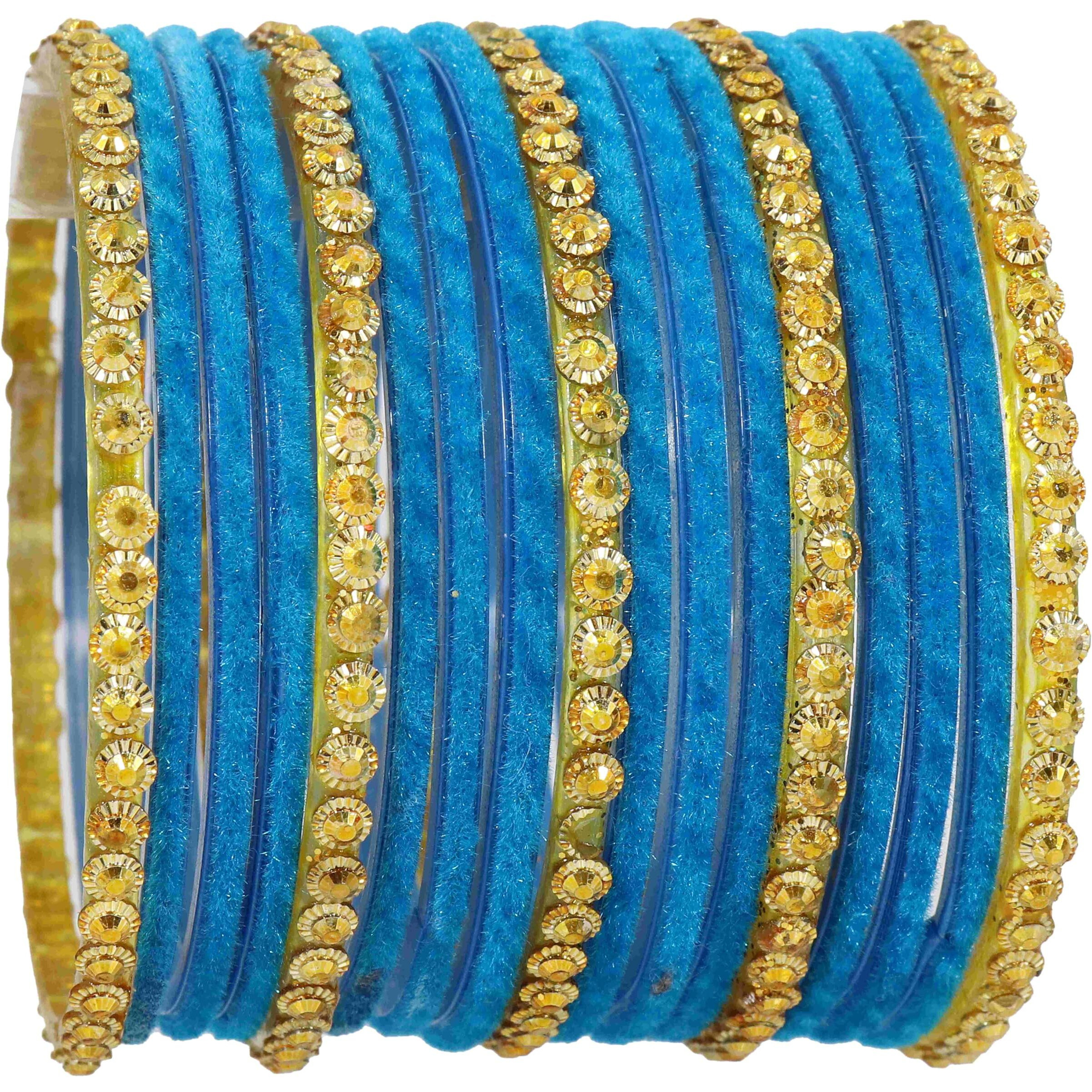 NMII Stylish Glass & Golden Beads Velvet Bangle Set For Women and Girls | Fancy Womens Bangles | Traditional Chudi Set, (F133_Guddan-(3)-SkyBlue-2.4 Inches)