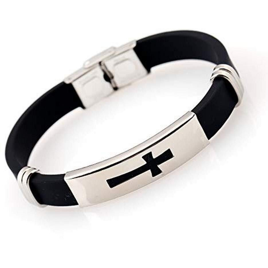 University Trendz Silicon Rubber Jesus Cross Printed Catholic Bracelet for Men and Women (Black)