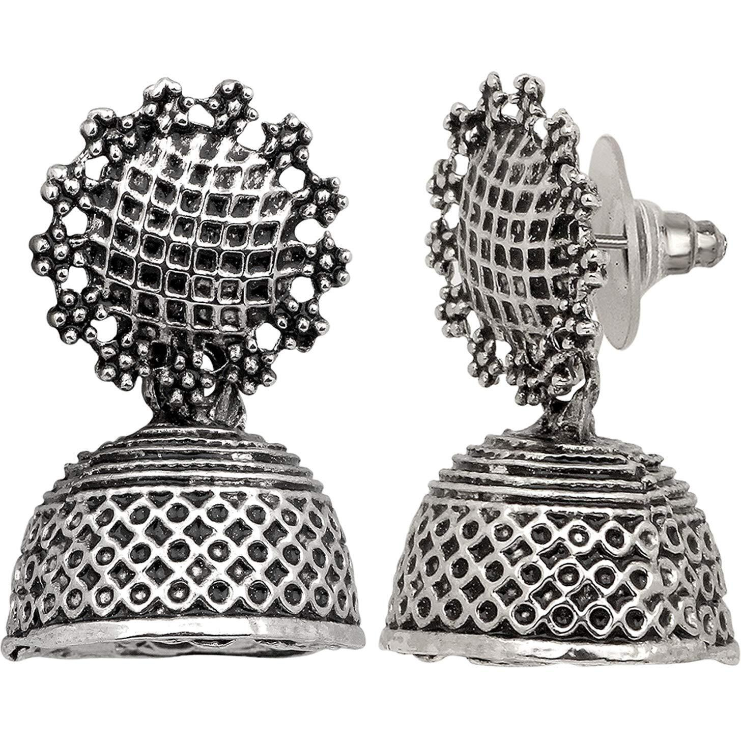 Mahi Round Silver Oxidized Traditional Small Dangle Jhumka Earrings for Women and Girls ER1109650R