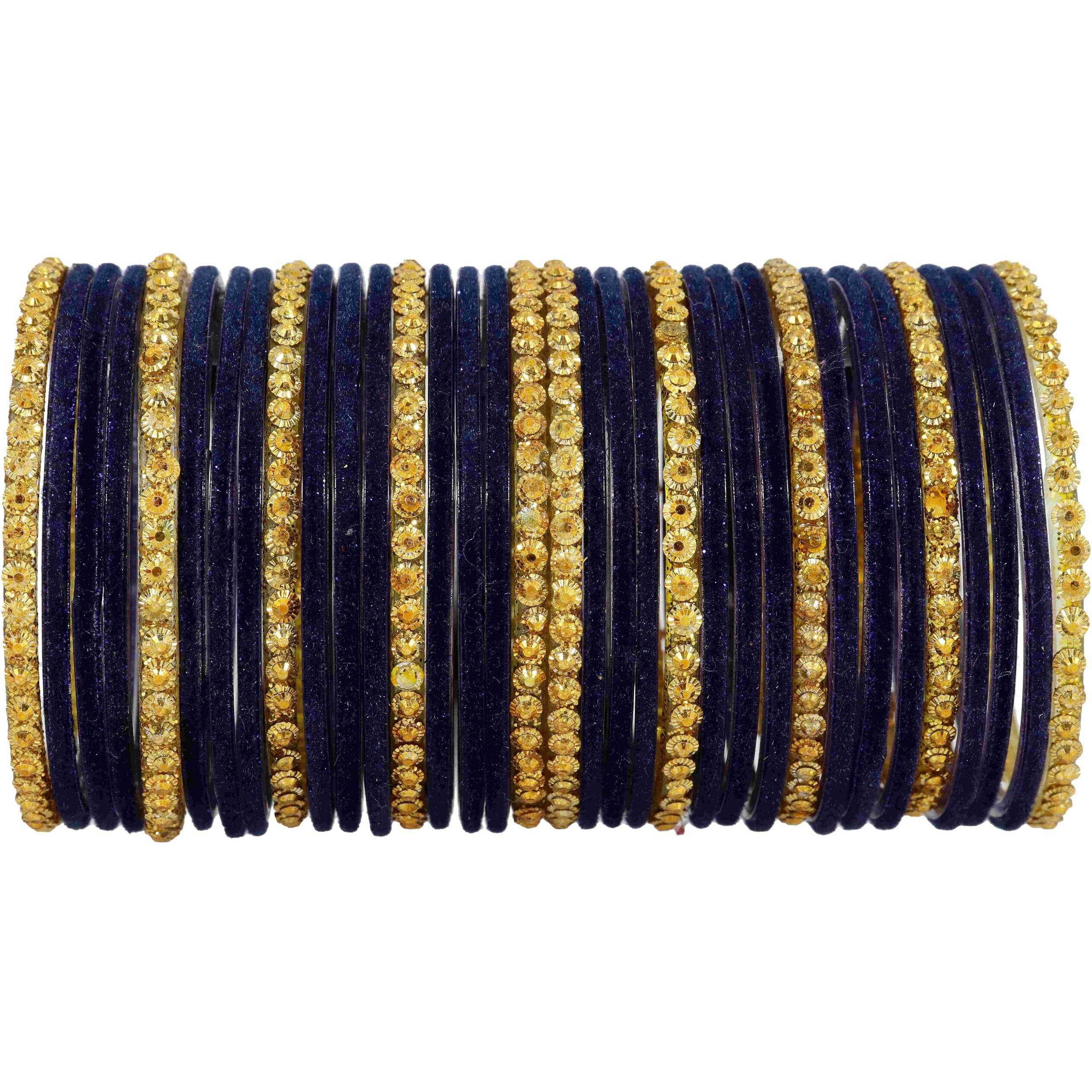 NMII Stylish Glass & Golden Beads Velvet Bangle Set For Women and Girls | Fancy Womens Bangles | Traditional Chudi Set, (F133_Guddan-(3)-DarkBlue-2.4 Inches)