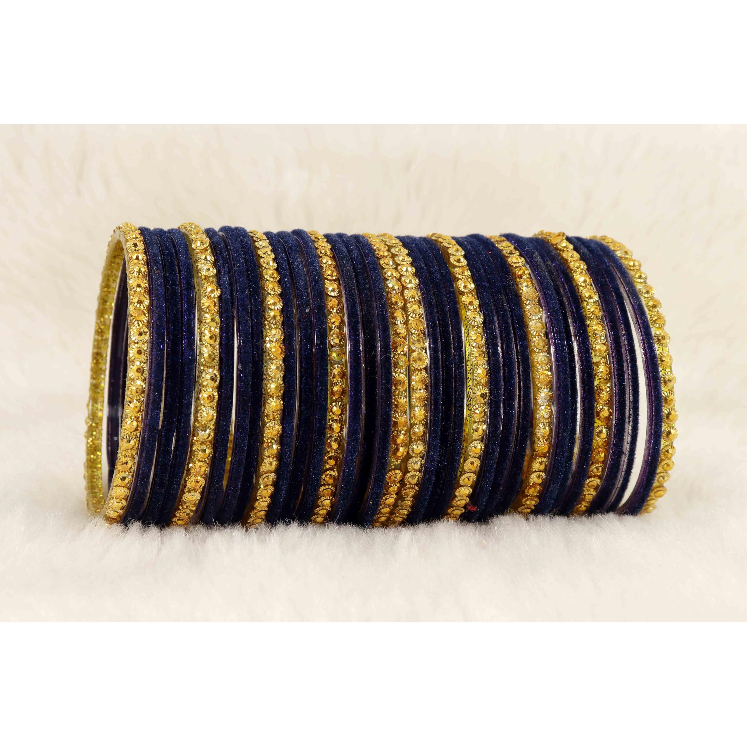 NMII Stylish Glass & Golden Beads Velvet Bangle Set For Women and Girls | Fancy Womens Bangles | Traditional Chudi Set, (F133_Guddan-(3)-DarkBlue-2.4 Inches)
