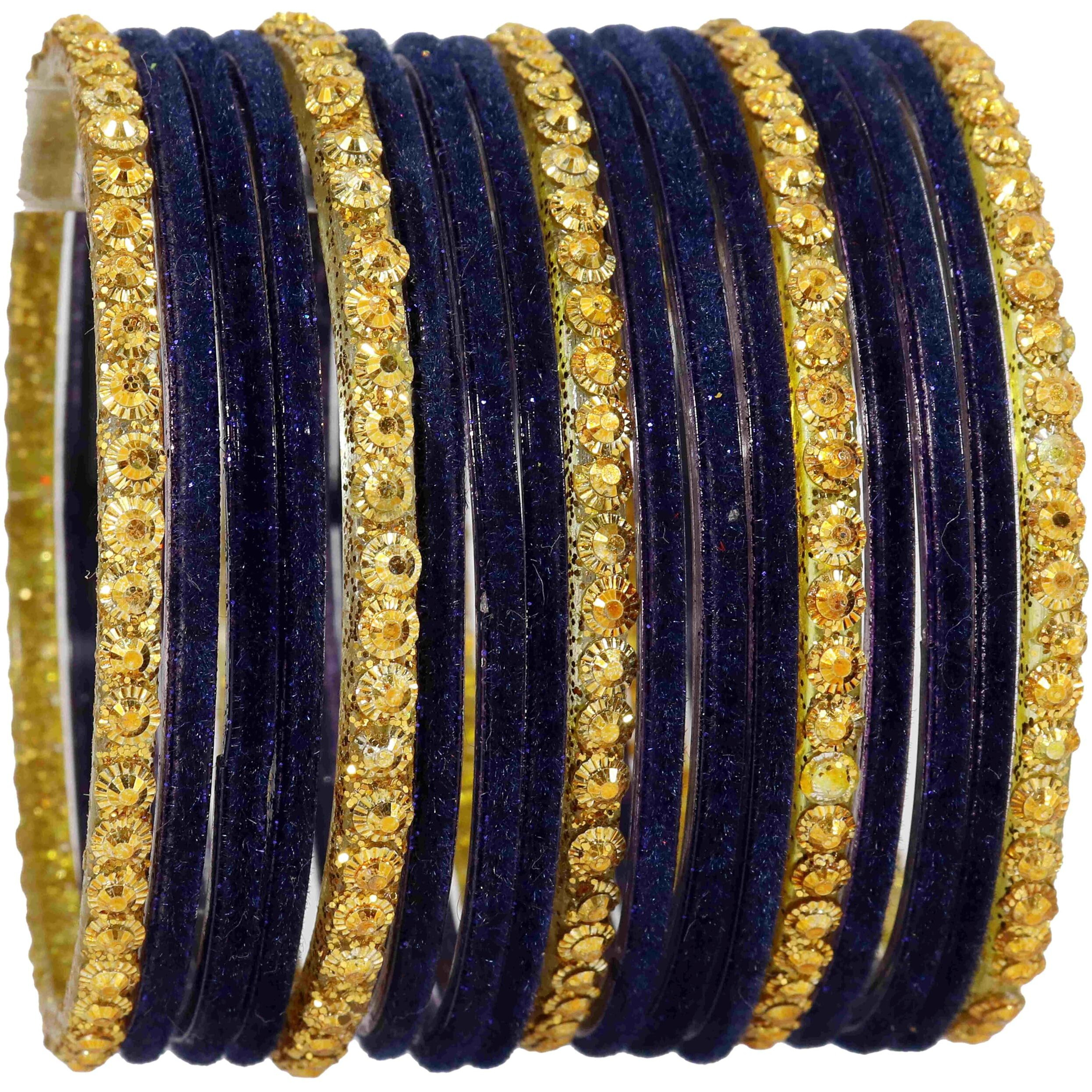 NMII Stylish Glass & Golden Beads Velvet Bangle Set For Women and Girls | Fancy Womens Bangles | Traditional Chudi Set, (F133_Guddan-(3)-DarkBlue-2.4 Inches)