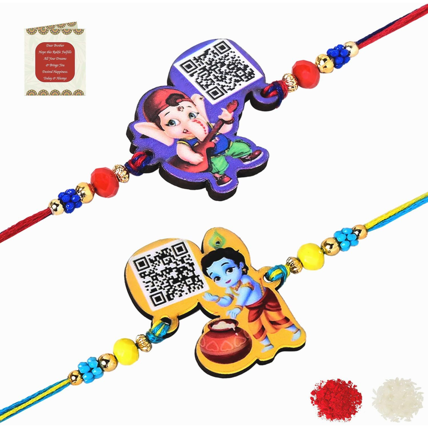 Riddhika Ventures Stylish Kids Rakhi (Set of 2) with Roli Chawal, Greeting Card and Scannable Spotify Song Link QR Code With Kids Rakhi (P16P17)