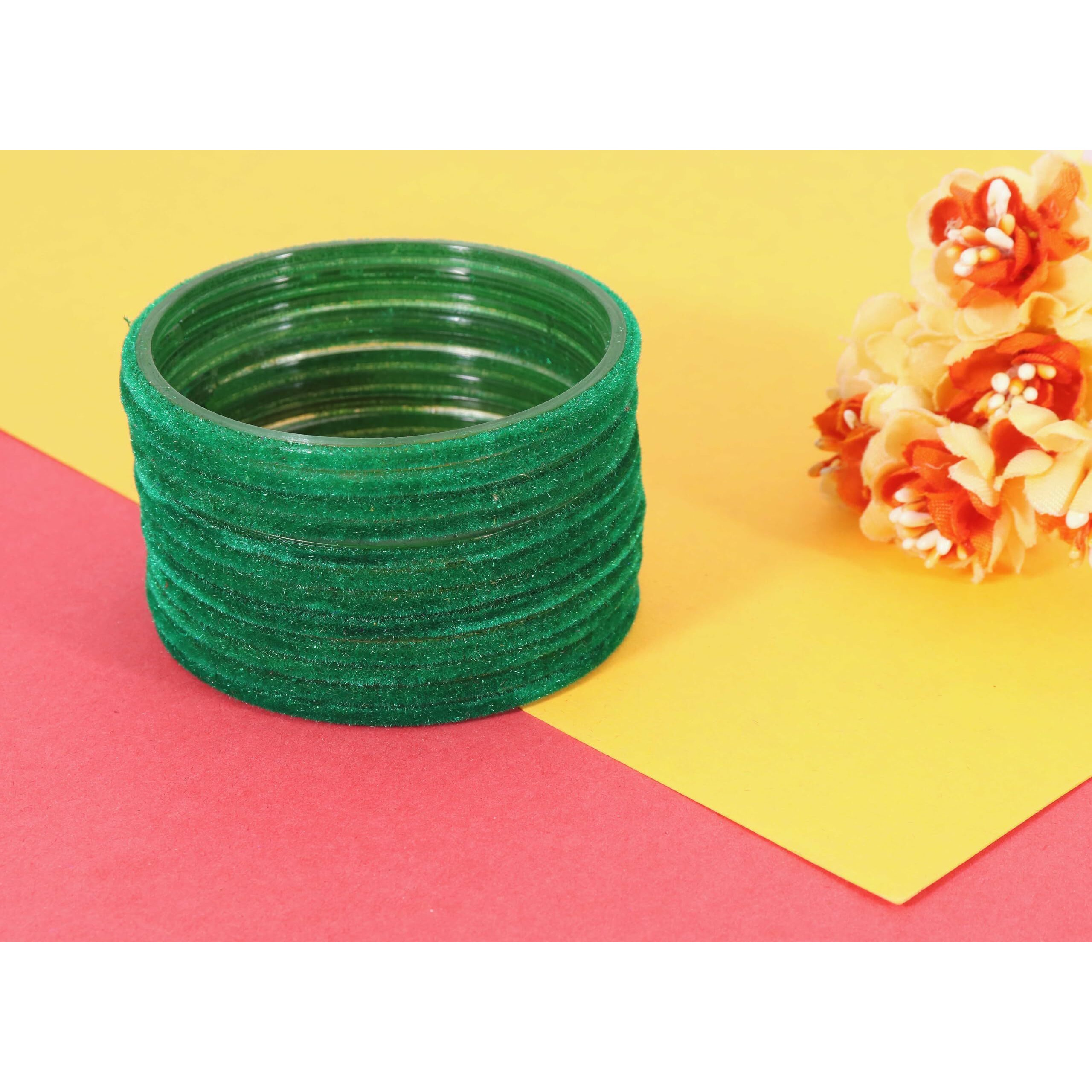 NMII Glass Velvet Bangles Set For Women and Girls | Plain Glass Bangles | Velvet Chudi | Simple Bangles For Women | Kaanch ki Chudi | Stylish Glass bangles- Set of 24, (Glass Velvet-Green-2.2)