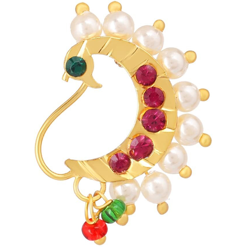 VAMA FASHIONS Maharashtrian Marathi traditional Peacock nath nose ring pin Without Piercing Nathiya For Women & Girls