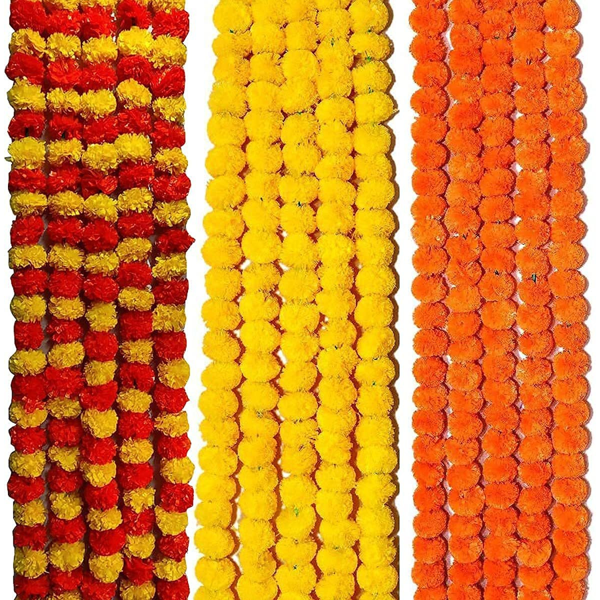 Genda Phool Artificial Genda Phool Marigold Fluffy Long Wedding, Festivals, Durga Pooja, Diwali,Handcraft Plastic Rakshabandhan Special Occasion 5 Feet Inauguration, Temple Pack of 6 String