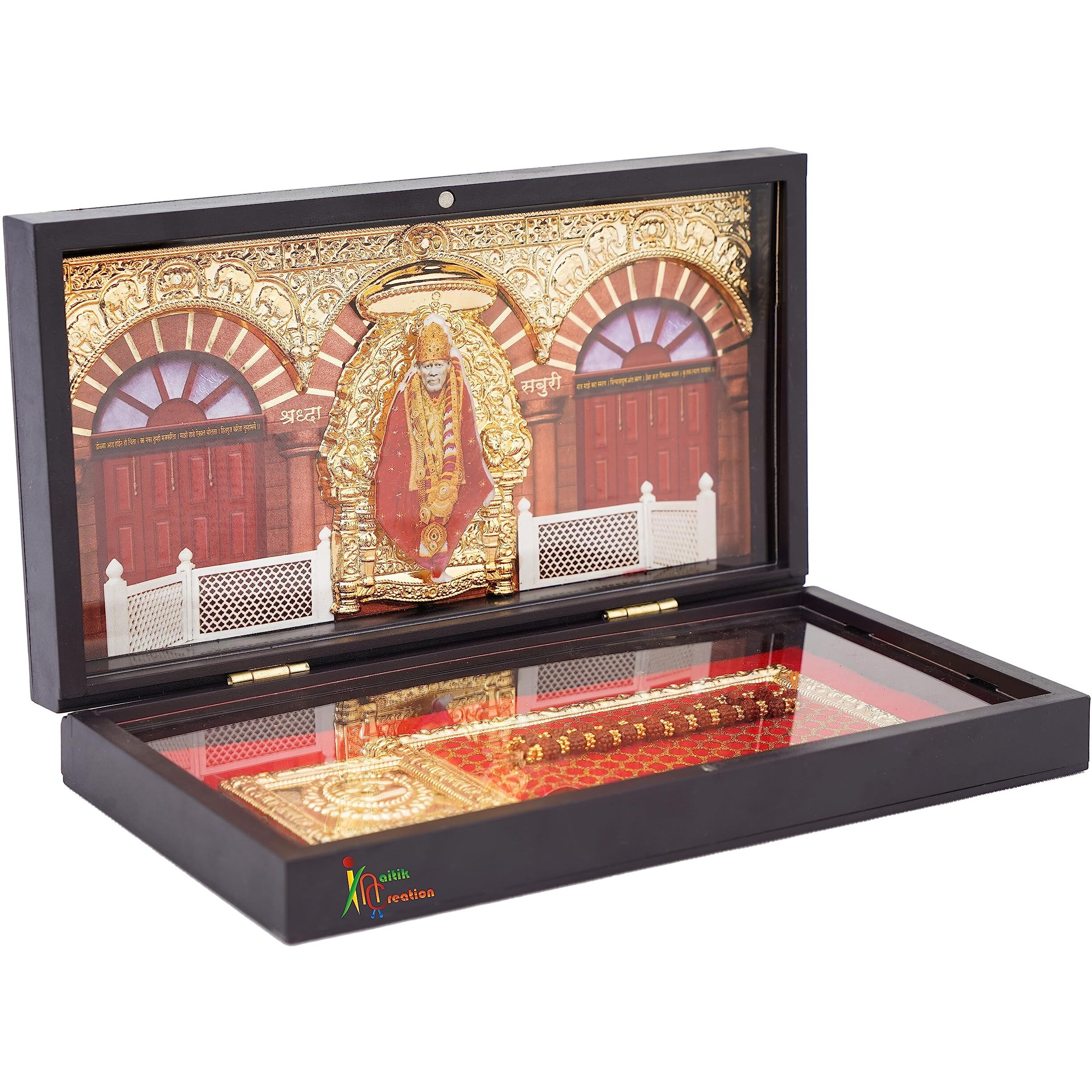 NAITIK CREATION Engineered Wood Gold Plated Sai Baba Photo Frame With Charan Paduka|Shirdi Saibaba Tabletop Samadhi Pocket Temple Gift Box For Diwali,House Warming,Return Gift,Corporate Gifts