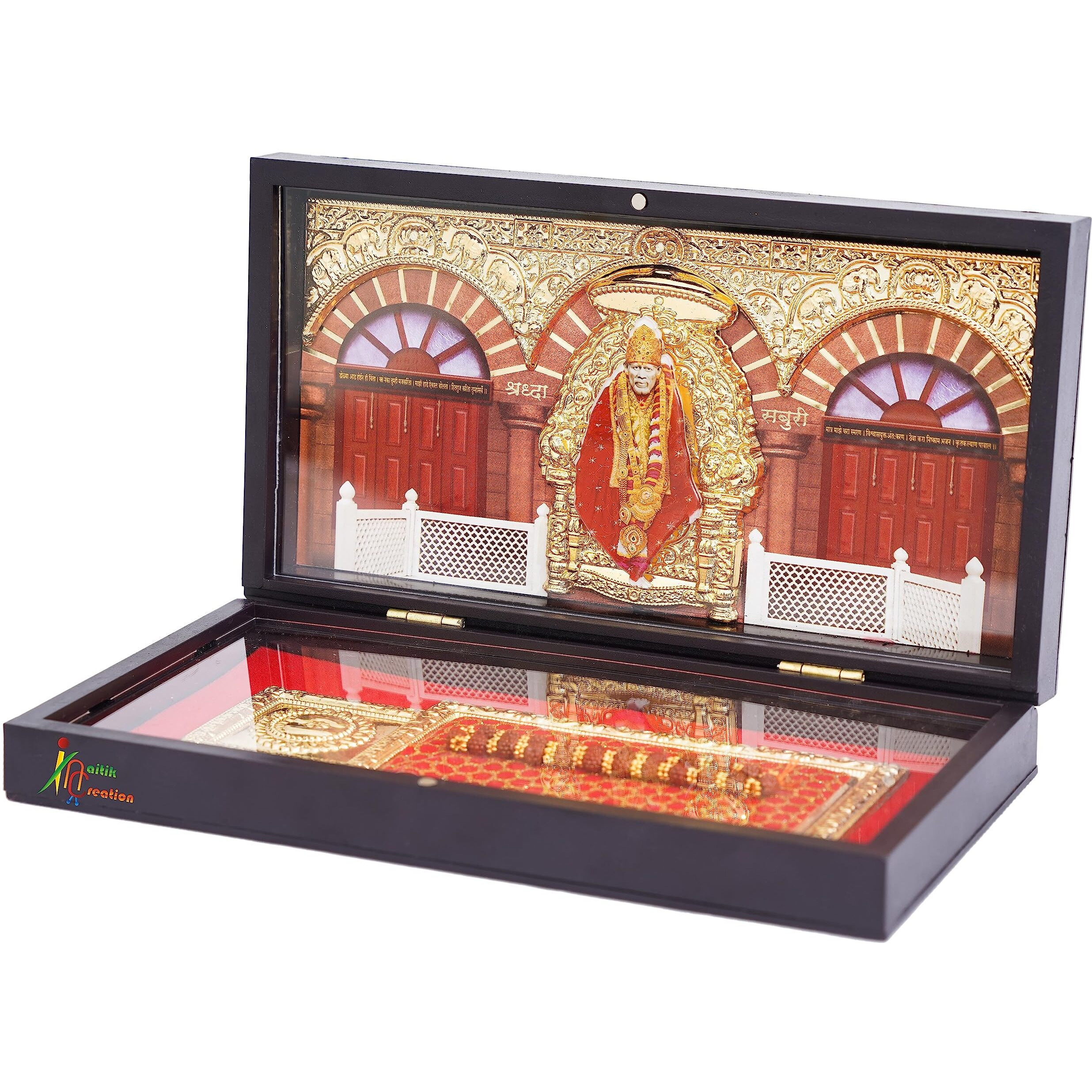 NAITIK CREATION Engineered Wood Gold Plated Sai Baba Photo Frame With Charan Paduka|Shirdi Saibaba Tabletop Samadhi Pocket Temple Gift Box For Diwali,House Warming,Return Gift,Corporate Gifts