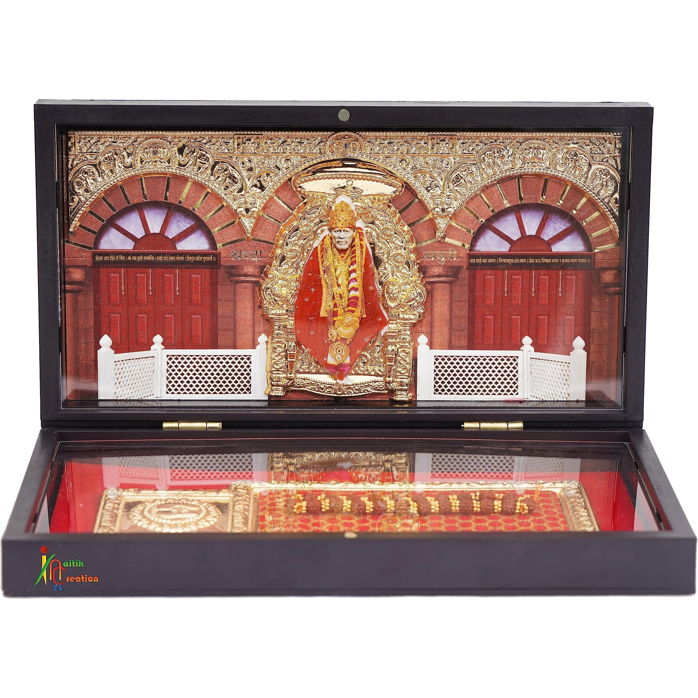 NAITIK CREATION Engineered Wood Gold Plated Sai Baba Photo Frame With Charan Paduka|Shirdi Saibaba Tabletop Samadhi Pocket Temple Gift Box For Diwali,House Warming,Return Gift,Corporate Gifts