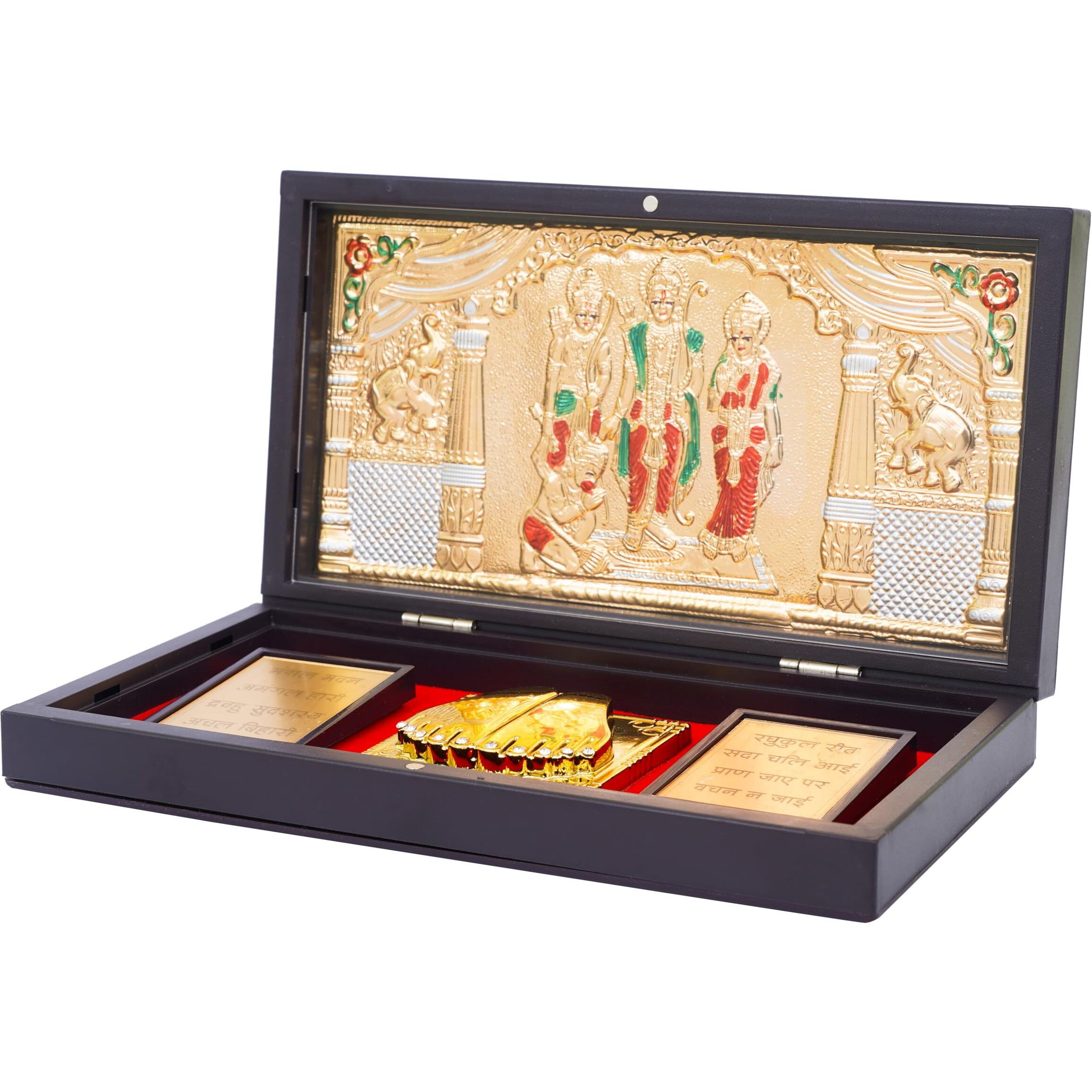 NAITIK CREATION Lord Ram Darbar Gold Plated Photo Frame with Charan Paduka Pocket Temple for Diwali Gift House Warming Gifts Return Gift Puja Box