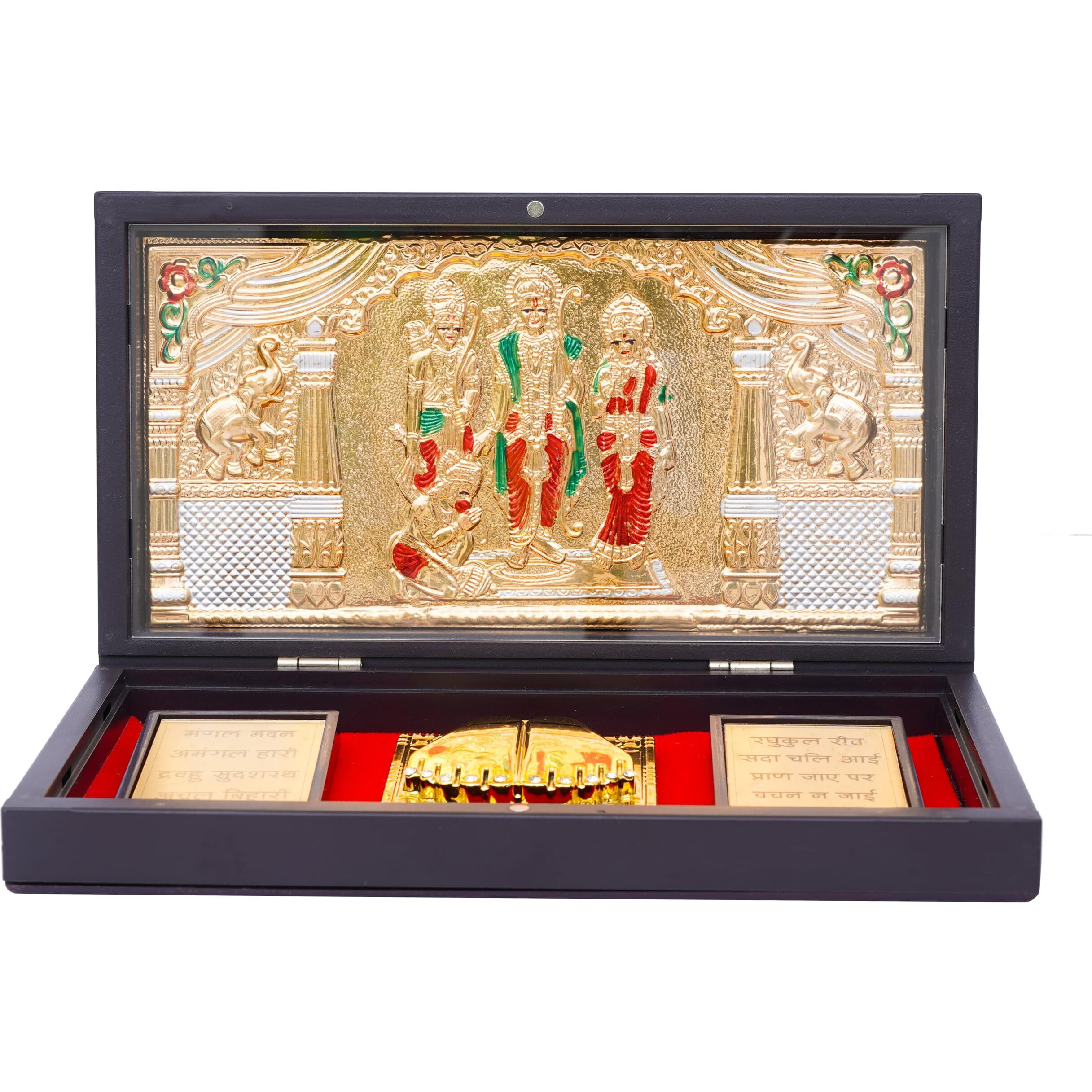 NAITIK CREATION Lord Ram Darbar Gold Plated Photo Frame with Charan Paduka Pocket Temple for Diwali Gift House Warming Gifts Return Gift Puja Box