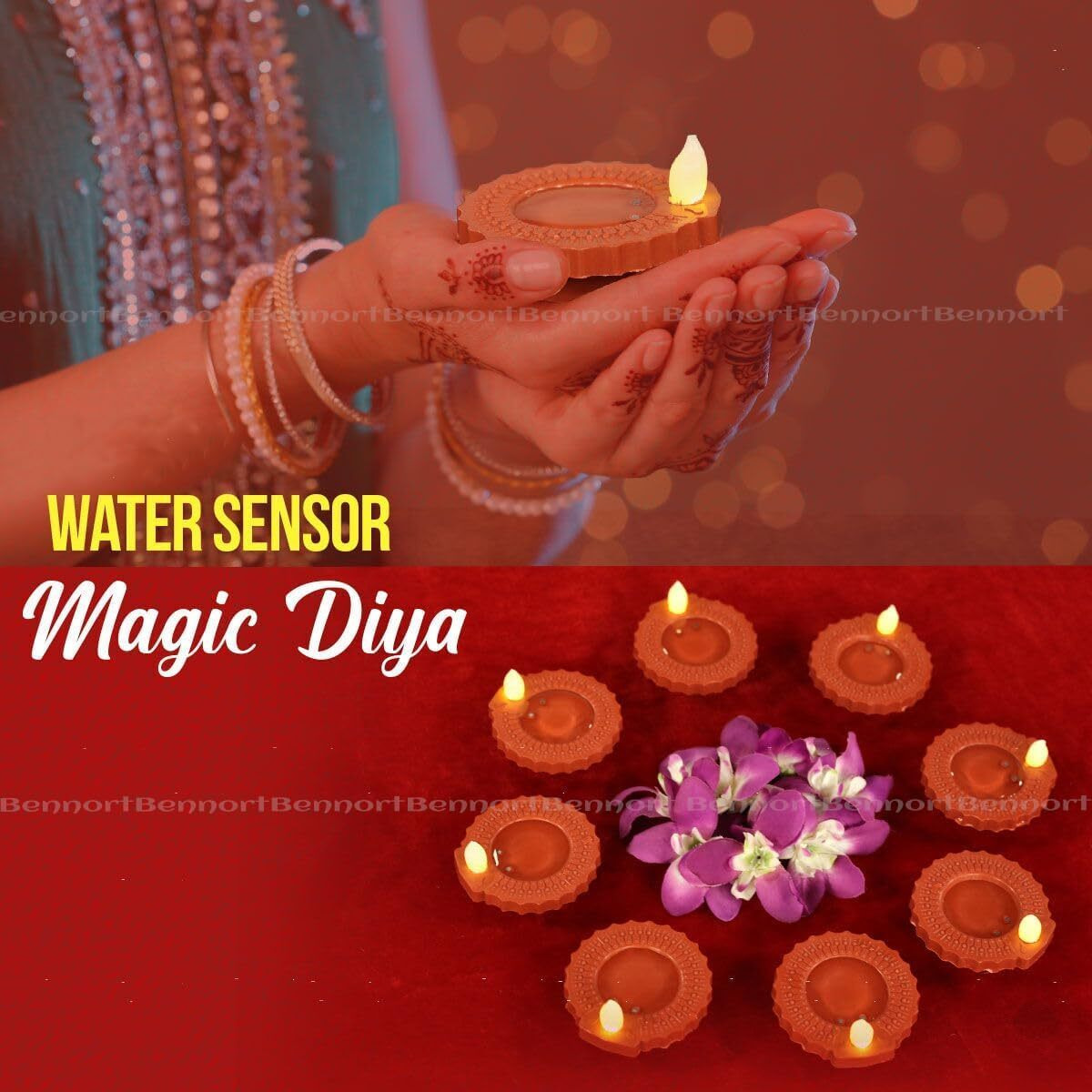 BONZELLA 6 Pcs Water Sensor Diya Lights Electric Flameless & Smokeless LED Diyas | Eco-Friendly Led Diyas Candle Warm Ambient Lights for Home Decor, Diwali Festivals Decoration,Christmas,New Year(6)