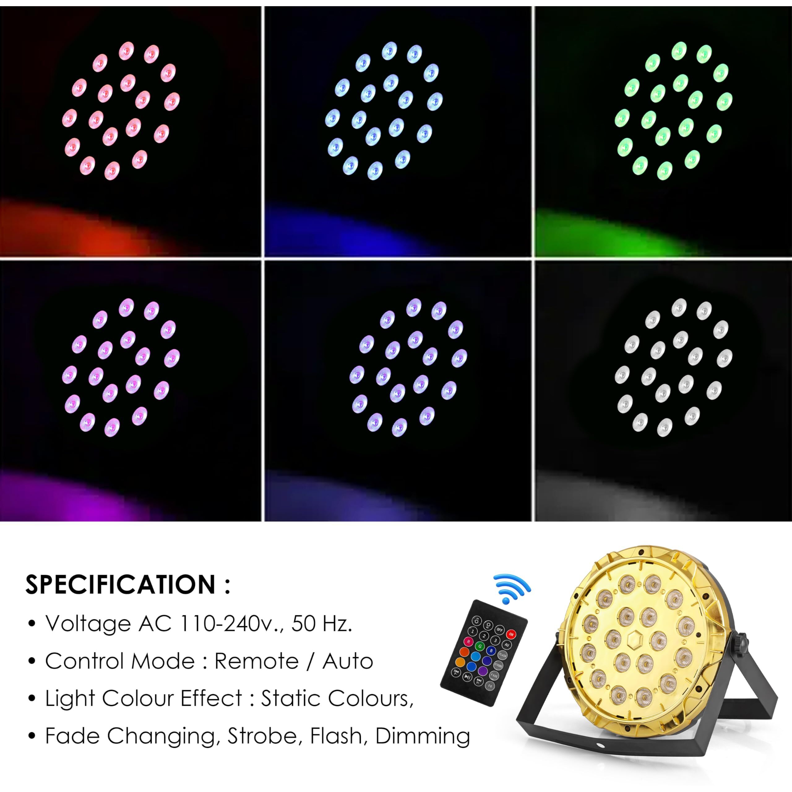 Gesto RGB Stage Par Light -DJ Light with Remote Control | UV 6in1 Color Uplightning Led Lights |Color Changing Party Disco Lights for Home Party,Birthday Party,Disco Show,Diwali Lights,Events(18 Led)
