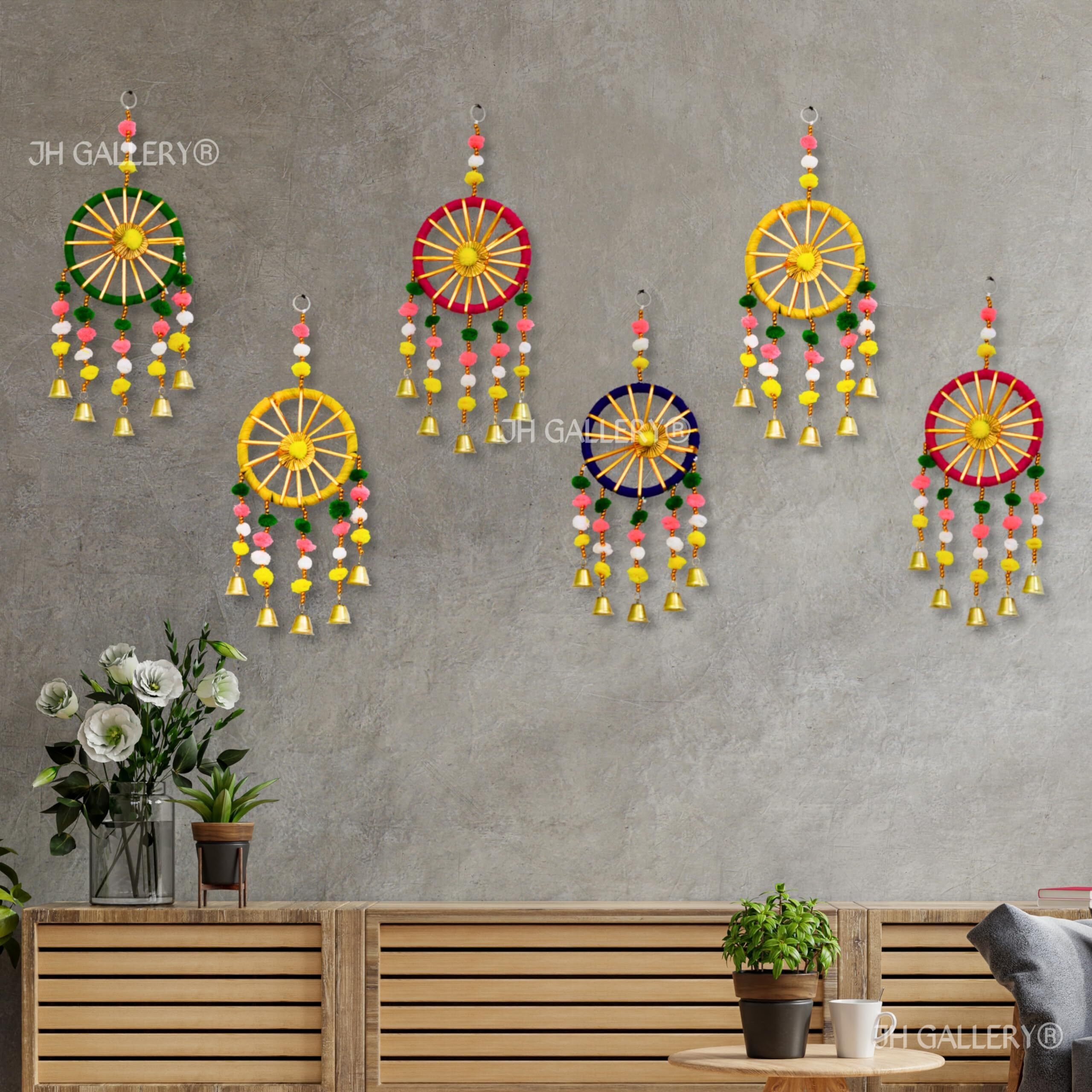 JH Gallery Wool Handmade Colorful Wall And Door Hangings For Home|Diwali Festive Decoration|Bedroom,Balcony,Living Room,Temple,Pooja Room Decoration|Festival Decoration Items For Home|Pack Of 6,Multi