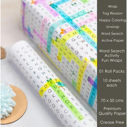 eVincE Playful Gift Wrapping Paper for Birthday, Anniversary, Christmas, Diwali, Rakshabandhan, Graduation for all ages & kids | Word Search Game on gifts | 10 sheets for gifting idea concepts