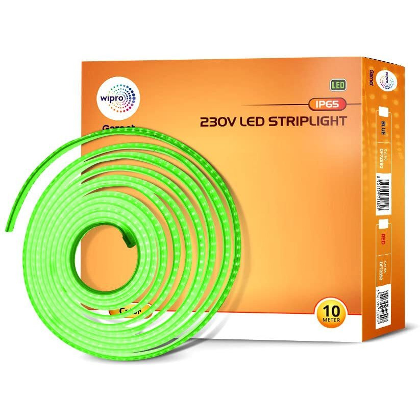 wipro Garnet 10 Meter Led Strip Light| 120 LEDs/Mtr | Green | Ip65-Waterproof | Flexible Rope Light for Outdoor & Indoor Decoration for Diwali, Christmas|Strip for Balcony, False Ceiling|Pack of 1