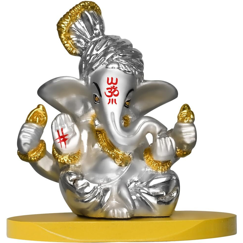 DIVINITI 999 Silver Plated Pagdi Ganesha Idol for Car Dashboard|Ganesh Ji Murti for Diwali Pooja Gift Home Decor|Ganpati Antique Showpiece|Religious Figurines for House Warming Gift (7x4x7cm)