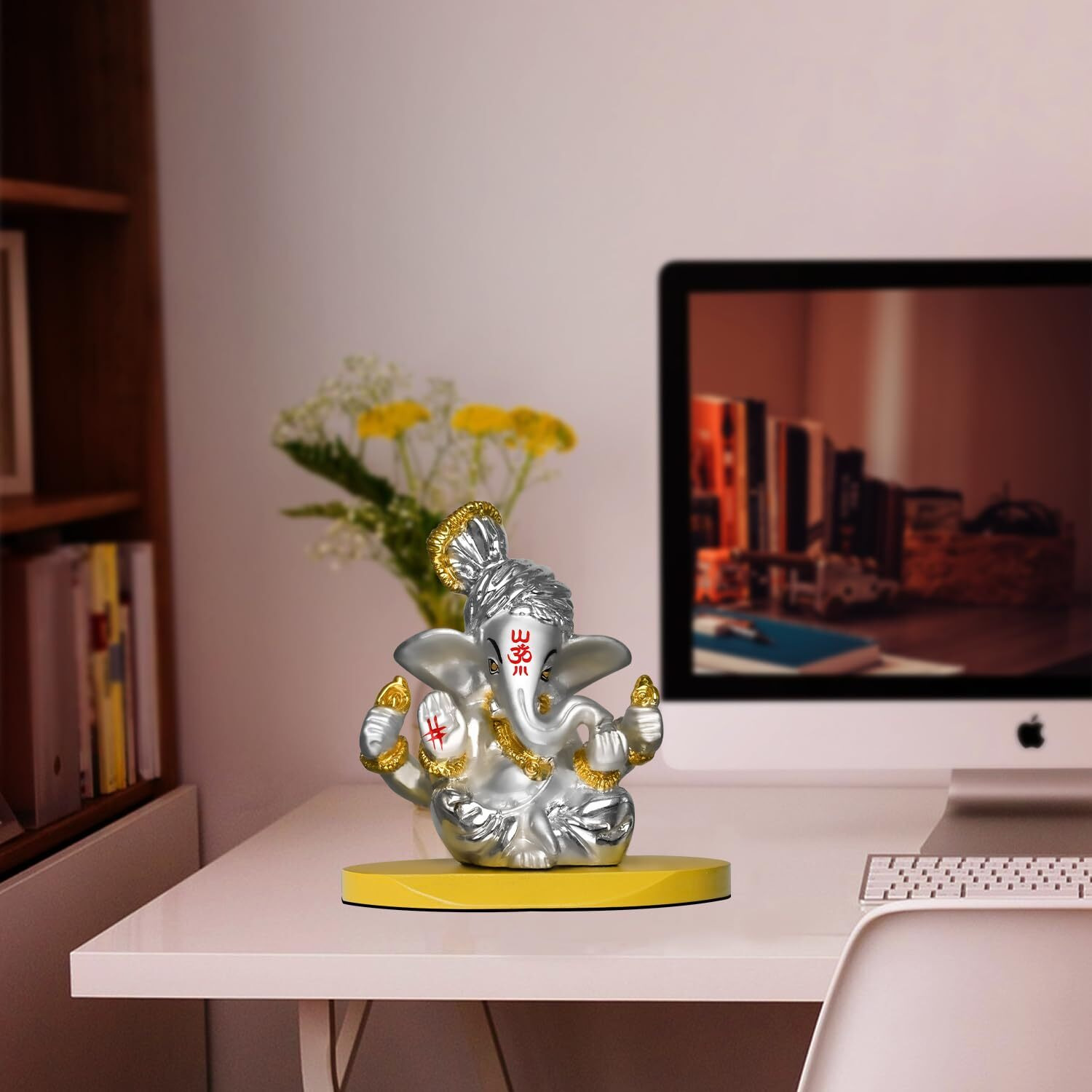 DIVINITI 999 Silver Plated Pagdi Ganesha Idol for Car Dashboard|Ganesh Ji Murti for Diwali Pooja Gift Home Decor|Ganpati Antique Showpiece|Religious Figurines for House Warming Gift (7x4x7cm)