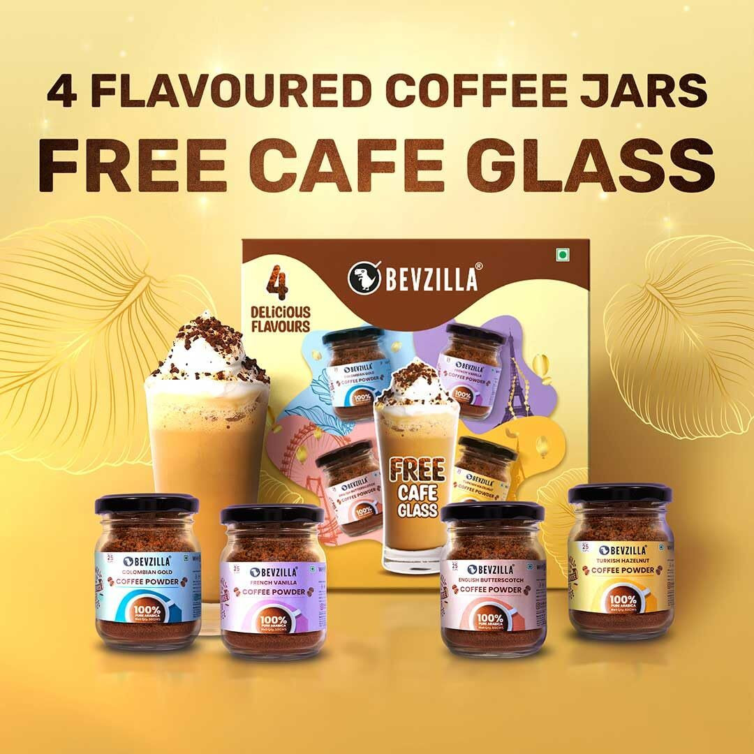 Bevzilla Festive Gift Box Of 50 Grams X 4 Flavoured Instant Coffee Powder + Free Caf Glass| Colombian Gold, Turkish Hazelnut, French Vanilla & English Butterscotch | Strong Coffee| Arabica Coffee| Diwali Gifting| Premium Gift