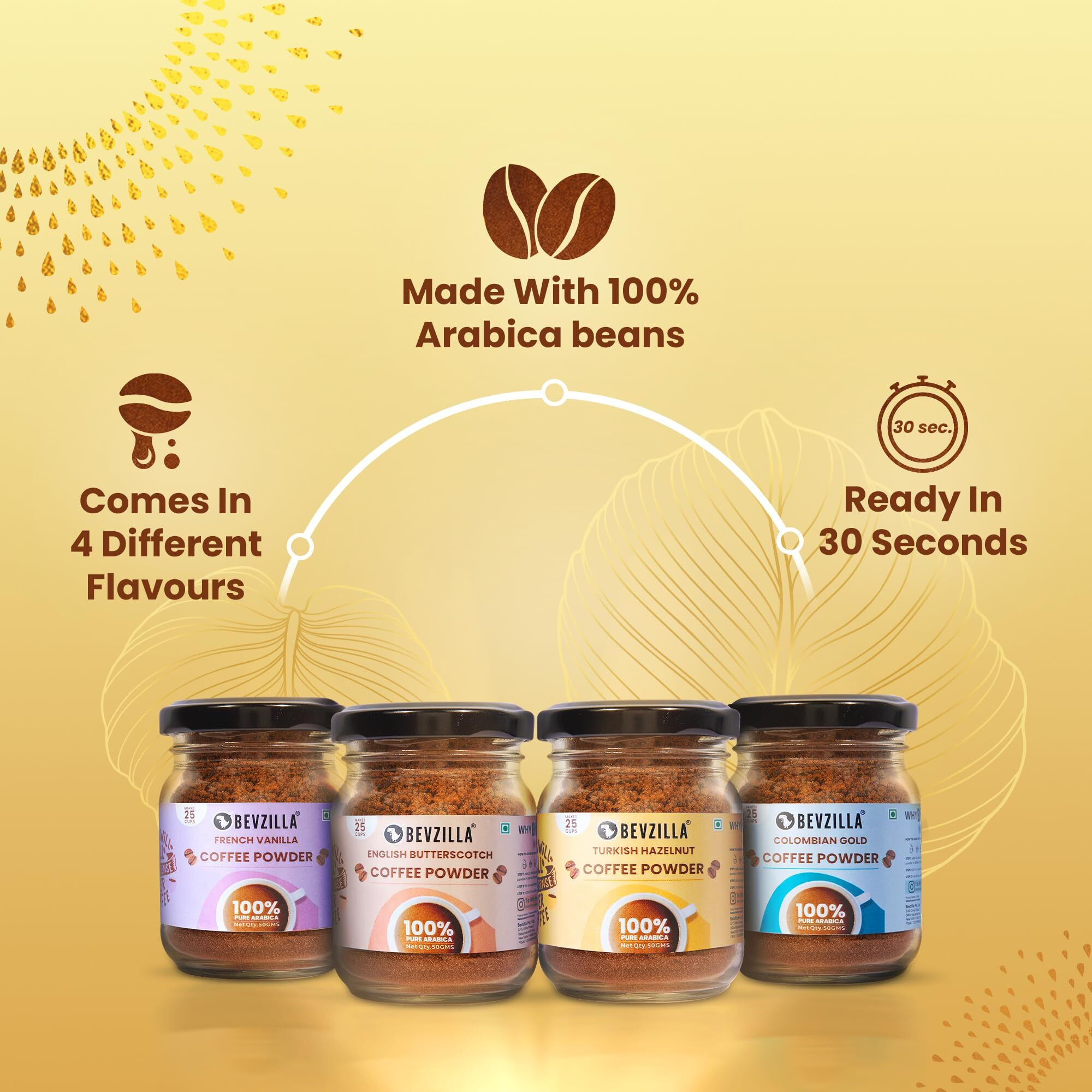 Bevzilla Festive Gift Box Of 50 Grams X 4 Flavoured Instant Coffee Powder + Free Caf Glass| Colombian Gold, Turkish Hazelnut, French Vanilla & English Butterscotch | Strong Coffee| Arabica Coffee| Diwali Gifting| Premium Gift