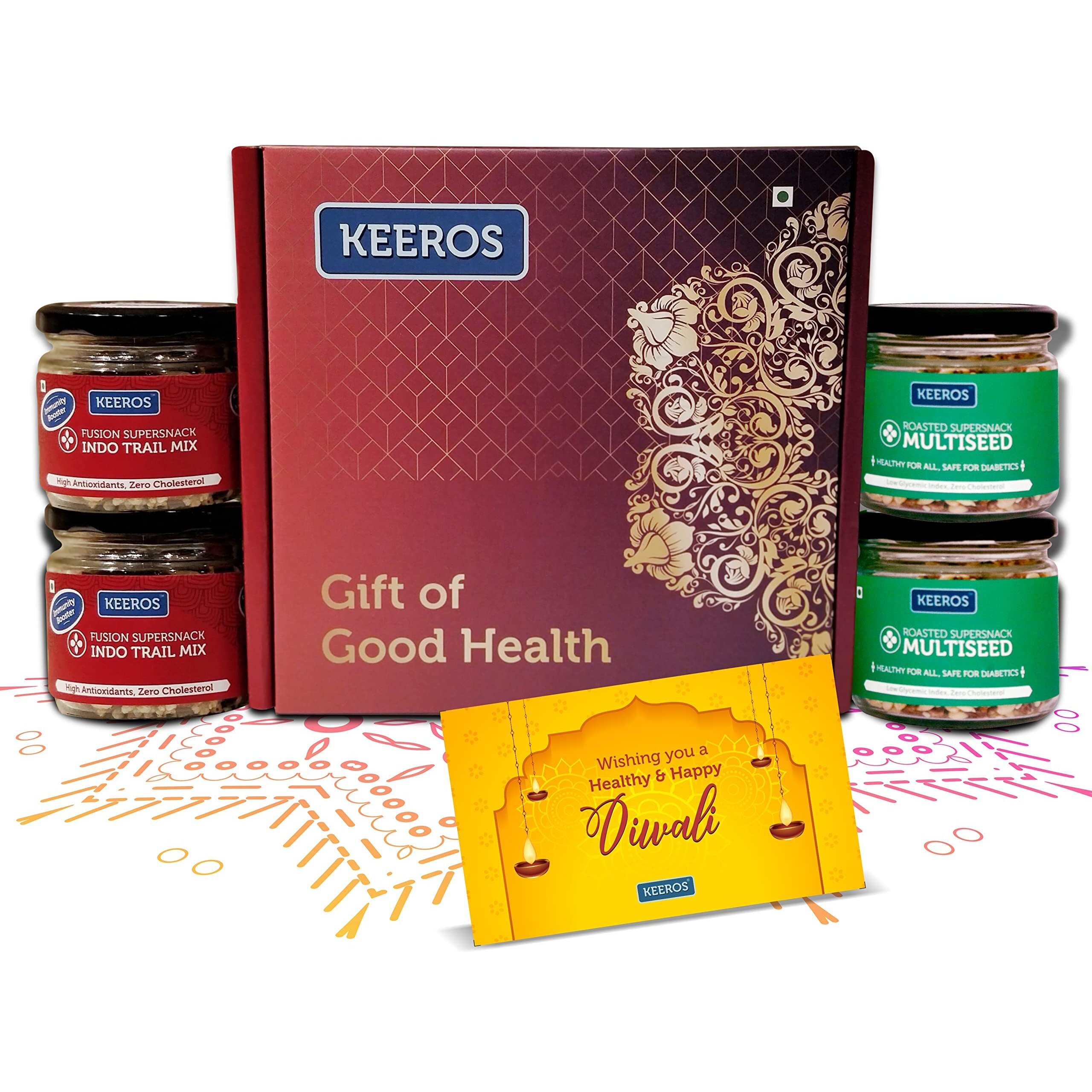 Keeros Healthy Diwali Sweets Gift Box |Combo of 2 varieties of Tasty & Nutritious Sweet Snacks (Dry Fruits mixed gift box) in Glass Jars packed in a Premium Diwali Gift Hamper for Employees