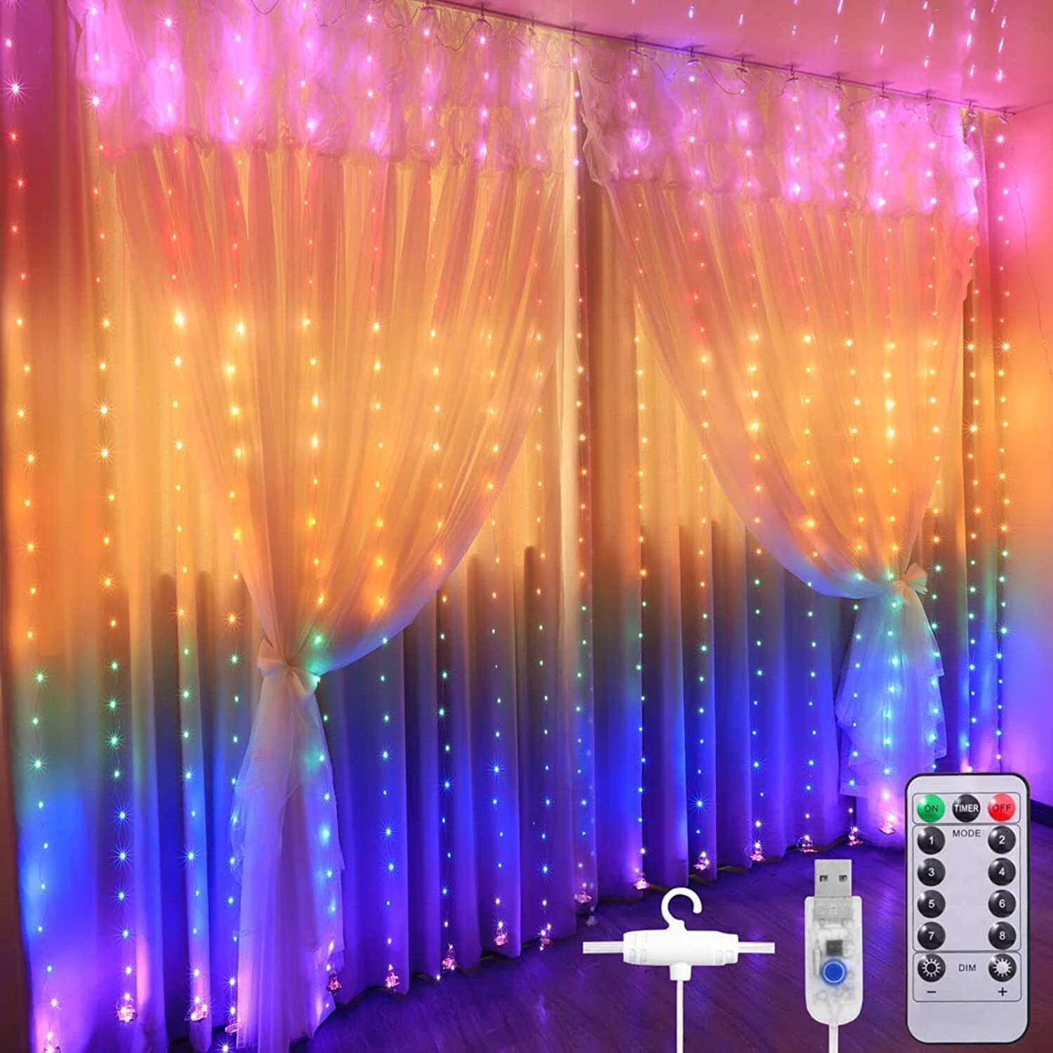 Gesto RGB Curtain Led String Light for Home Decor  USB Fairy Lights with 8 Modes Remote Controller | Hanging Light for Room Decor,Birthday Decoration,Wall Decoration,Diwali Decoration(9.8x9.8 Feet)