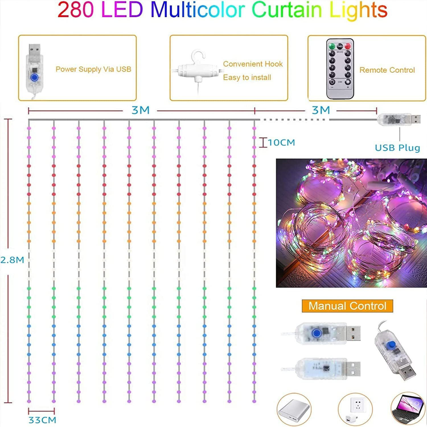 Gesto RGB Curtain Led String Light for Home Decor  USB Fairy Lights with 8 Modes Remote Controller | Hanging Light for Room Decor,Birthday Decoration,Wall Decoration,Diwali Decoration(9.8x9.8 Feet)