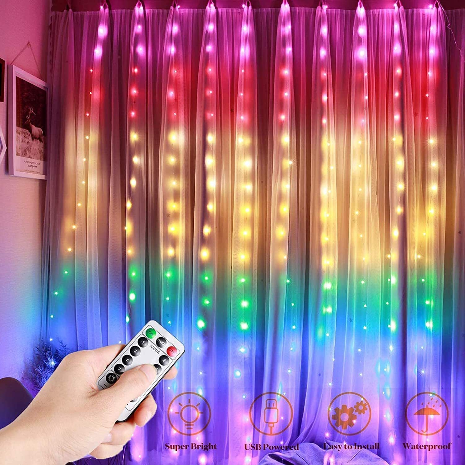Gesto 5V USB Curtain Led String Light for Home Decor RGB Fairy Lights with 8 Modes Remote Controller | Hanging Light for Room Decor,Birthday Decoration,Wall Decoration,Diwali Decoration(9.8x9.8 Ft)