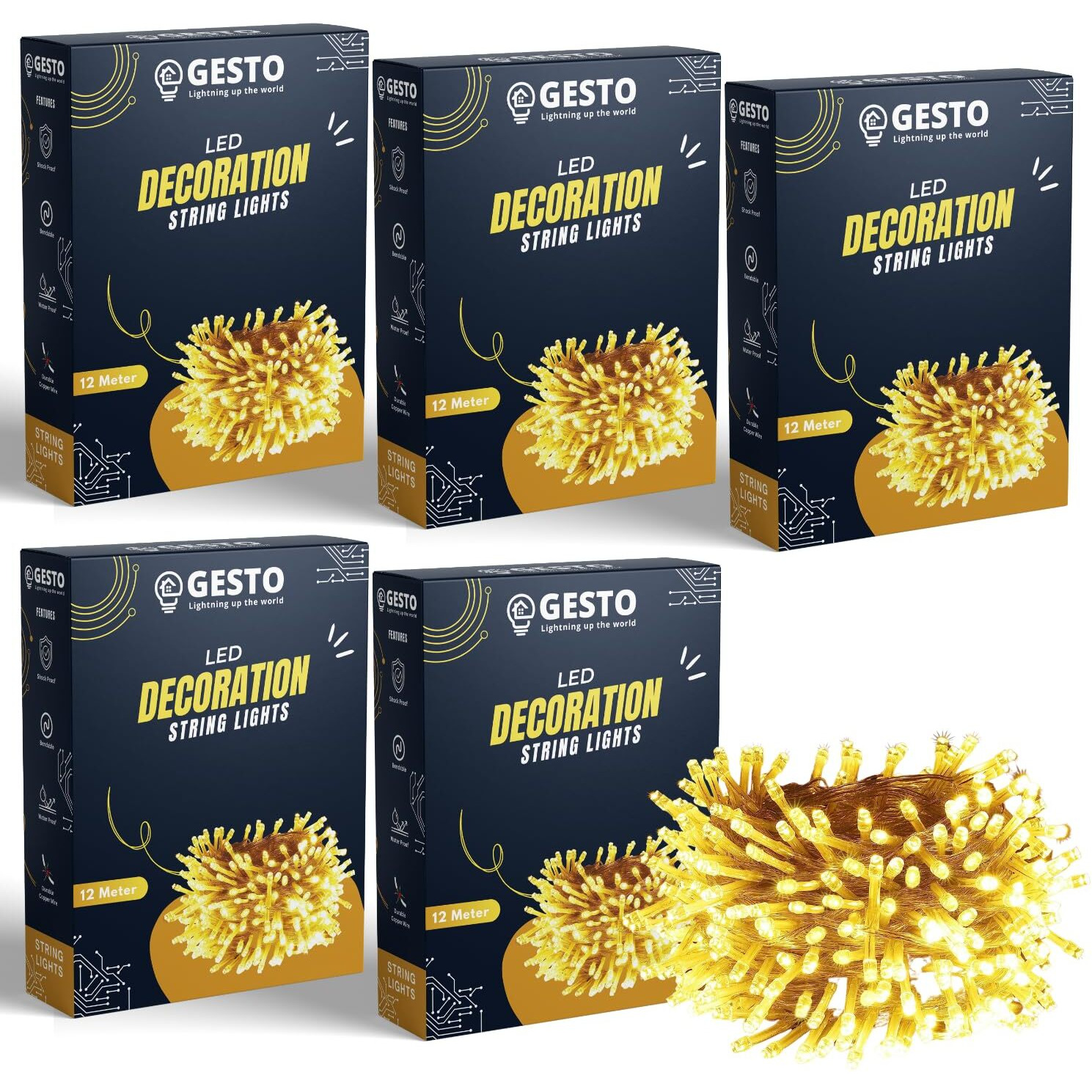 Gesto Warm White Led Serial lights for decoration - String lights for home decoration,Fairy Lights | Christmas, Diwali Decoration Lights for balcony | Copper Wire Pixel Light (12 meter | Pack of 5)
