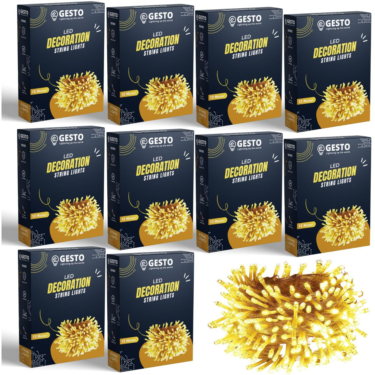 Gesto Warm White Led Serial lights for decoration - String lights for home decoration,Fairy Lights | Christmas, Diwali Decoration Lights for balcony | Copper Wire Pixel Light (12 meter | Pack of 10)