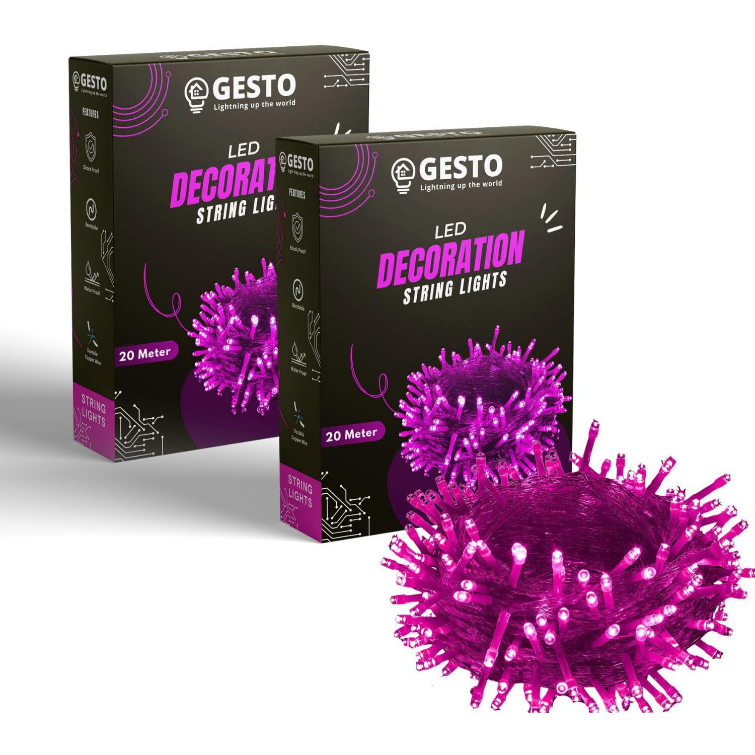 Gesto Pink Led Serial lights for decoration - String lights for home decoration,Fairy Lights | Christmas, Diwali Decoration Lights for balcony | Copper Wire Pixel Light (20 meter | Pack of 2)
