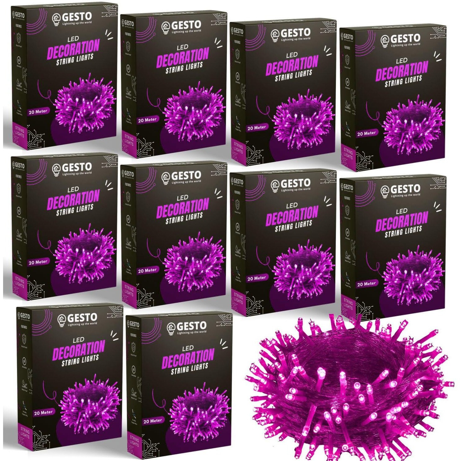 Gesto Pink Led Serial lights for decoration - String lights for home decoration,Fairy Lights | Christmas, Diwali Decoration Lights for balcony | Copper Wire Pixel Light (20 meter | Pack of 10)