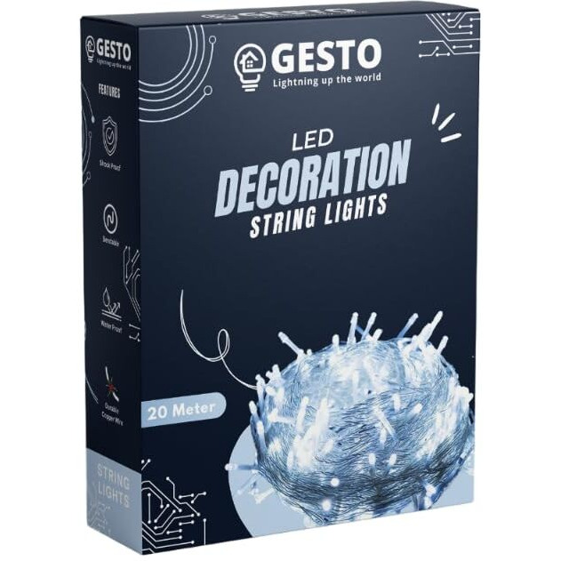 Gesto White Led Serial lights for decoration - String lights for home decoration,Fairy Lights | Christmas, Diwali Decoration Lights for balcony | Copper Wire Pixel Light (20 meter | Pack of 1)