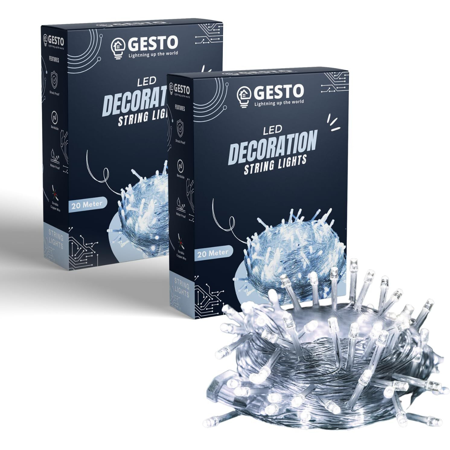 Gesto White Led Serial lights for decoration - String lights for home decoration,Fairy Lights | Christmas, Diwali Decoration Lights for balcony | Copper Wire Pixel Light (20 meter | Pack of 2)