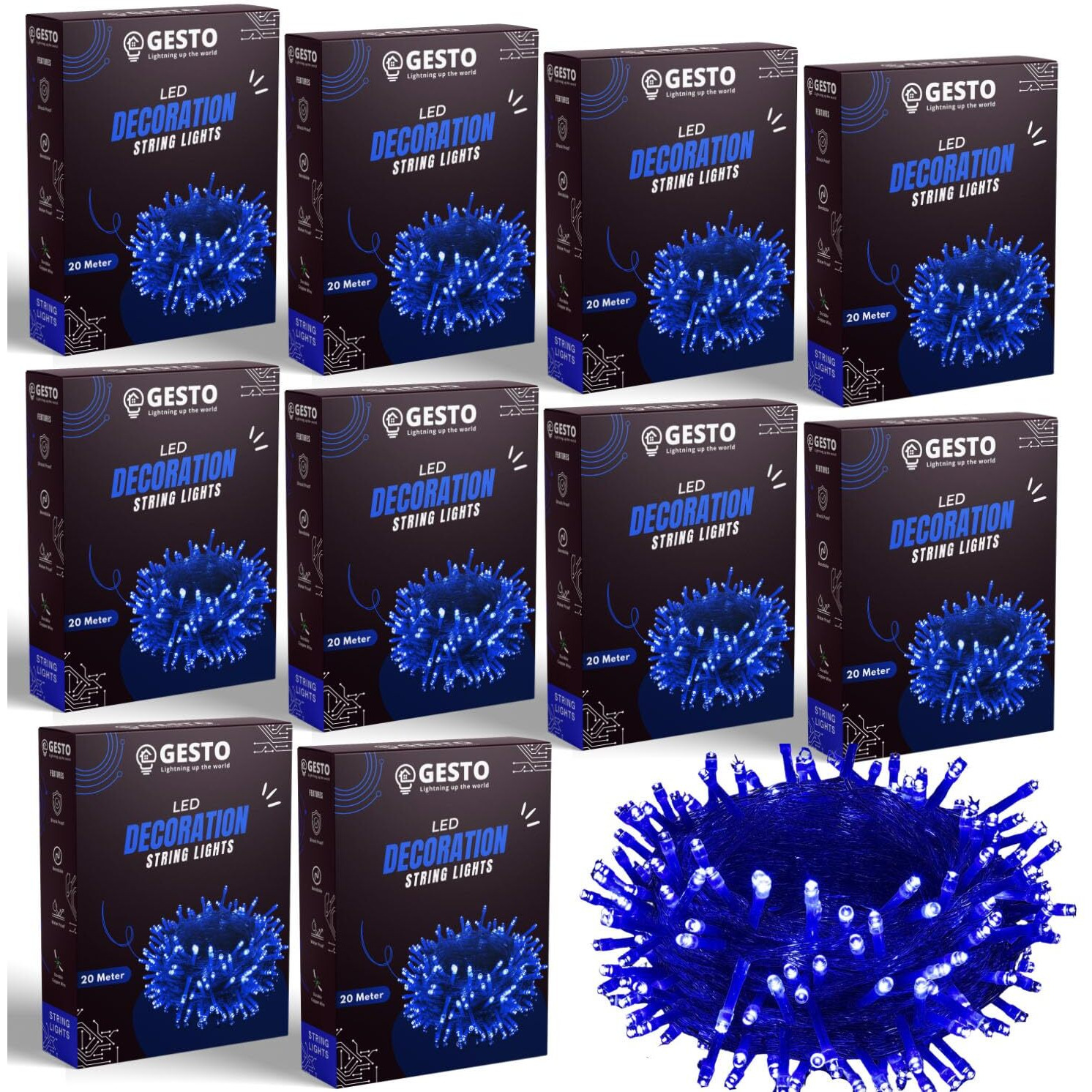 Gesto Blue Led Serial lights for decoration - String lights for home decoration,Fairy Lights | Christmas, Diwali Decoration Lights for balcony | Copper Wire Pixel Light (20 meter | Pack of 10)