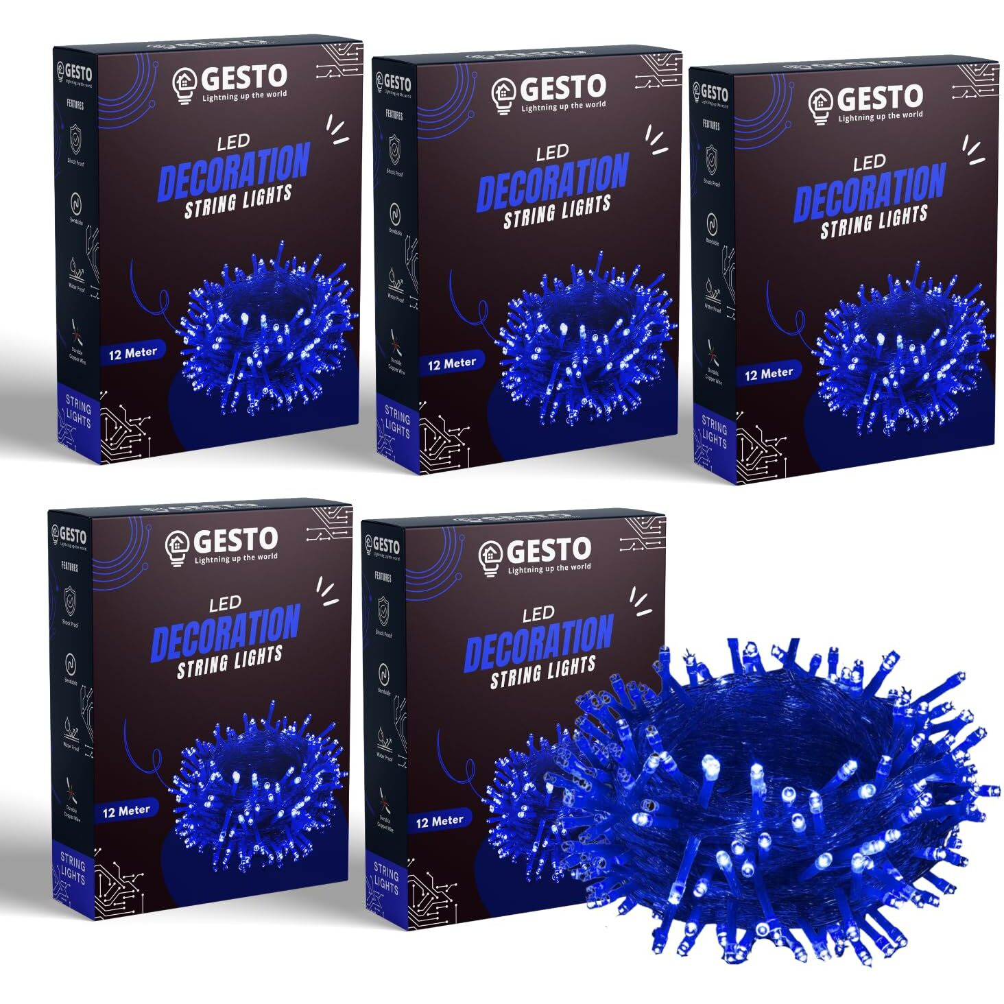 Gesto Blue Led Serial lights for decoration - String lights for home decoration,Fairy Lights | Christmas, Diwali Decoration Lights for balcony | Copper Wire Pixel Light (12 meter | Pack of 5)