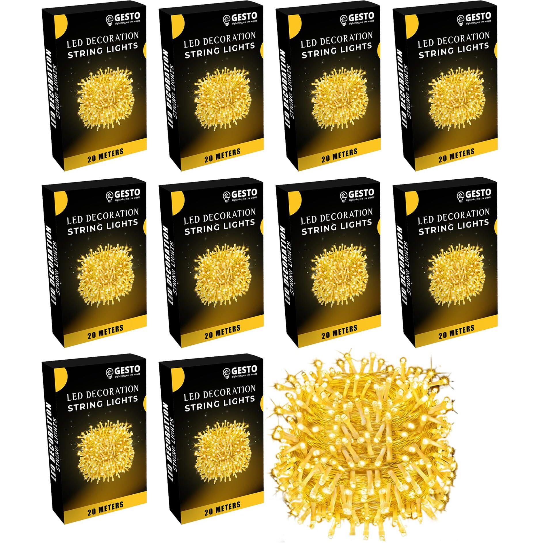 Gesto Warm White Led Serial Lights for Decoration - String Lights for Home Decoration | Christmas, Diwali Decoration Lights | Copper Wire Pixel Light (20 Meter | Pack of 10)