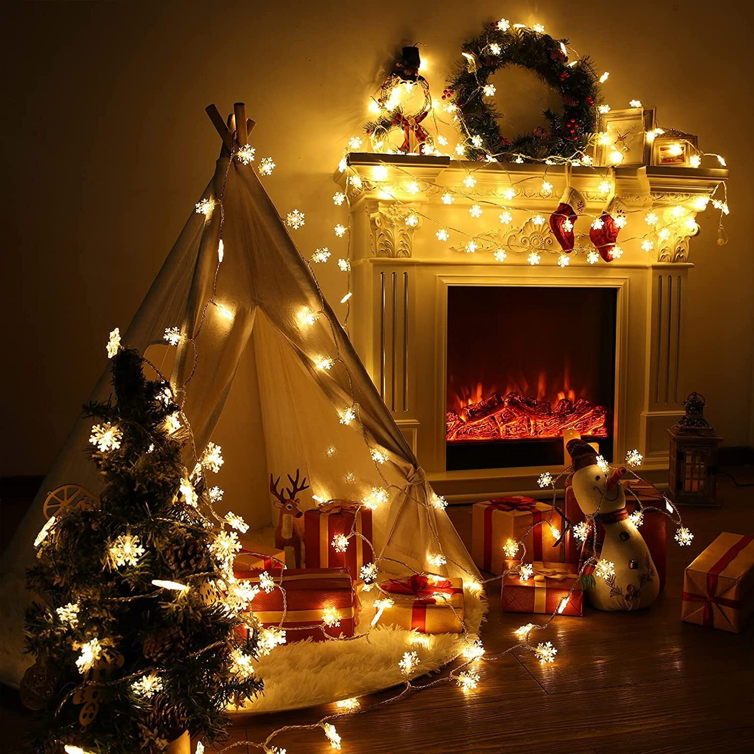 Gesto Snowflake Serial String Lights for Decoration - 14 LED Snow Flake Fairy Lights Waterproof Indoor Outdoor for Home Decoration, Christmas Tree Decoration,Diwali Decoration (Warm White), 18 meters
