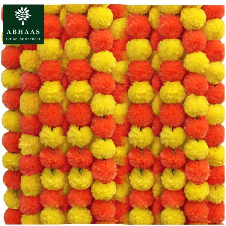 Abhaas 10Pcs Artificial Marigold Garland For Decoration Pooja Room Toran Indian Genda Phool For Wedding & Festivals Diwali Pongal (Orange+Yellow) /4.7 Feet/Set Of 10 Strings, 147 cm, 147 Cm