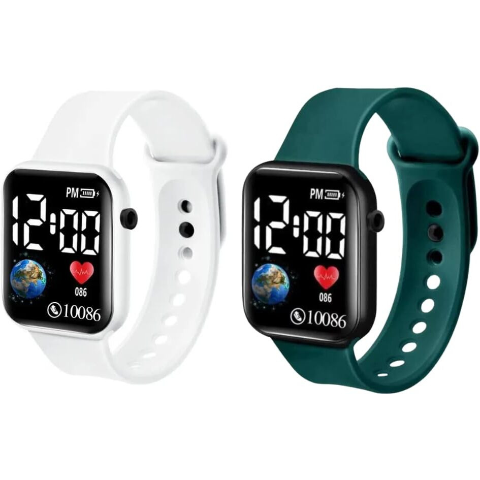 Zovuta Square Shape Dial Colorful Smart Looking Digital led Combo Watch For Kids Baby Boys and Girls- Fully Waterproof Sportswatch Display- Best Gift for Diwali and Birthday-Date and Time Function Only (For Age 4-15 Years) - (Combo, White & Green)
