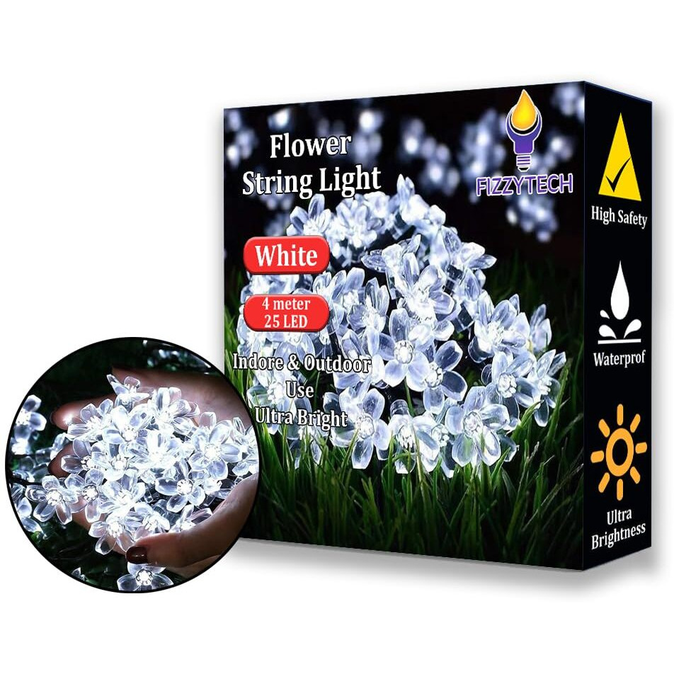 fizzytech 25 Led 4M Blossom Flower String Lights of Home Decoration Diwali Light for Party Birthday Diwali Christmas (White)(Plastic), 10 Meters