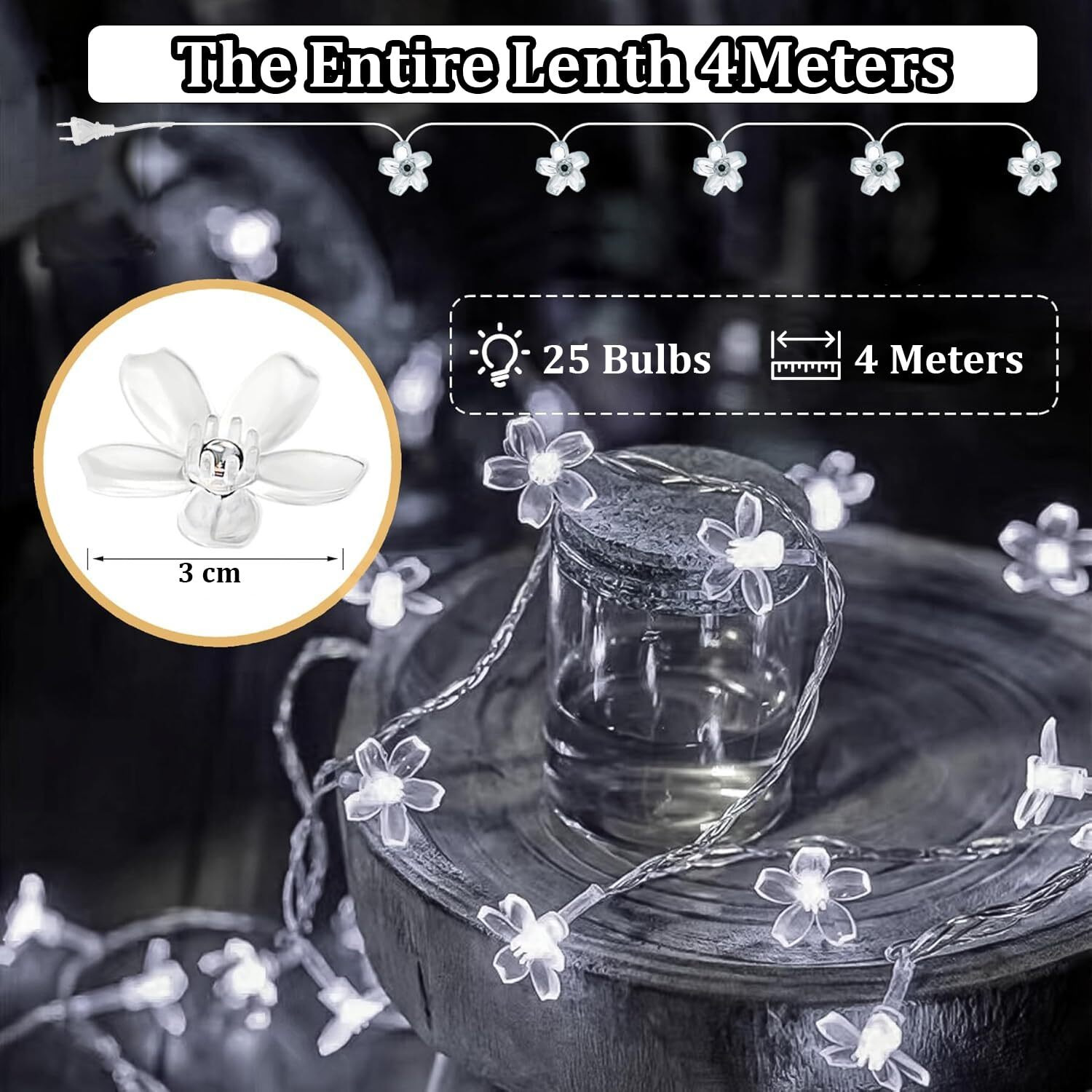 fizzytech 25 Led 4M Blossom Flower String Lights of Home Decoration Diwali Light for Party Birthday Diwali Christmas (White)(Plastic), 10 Meters