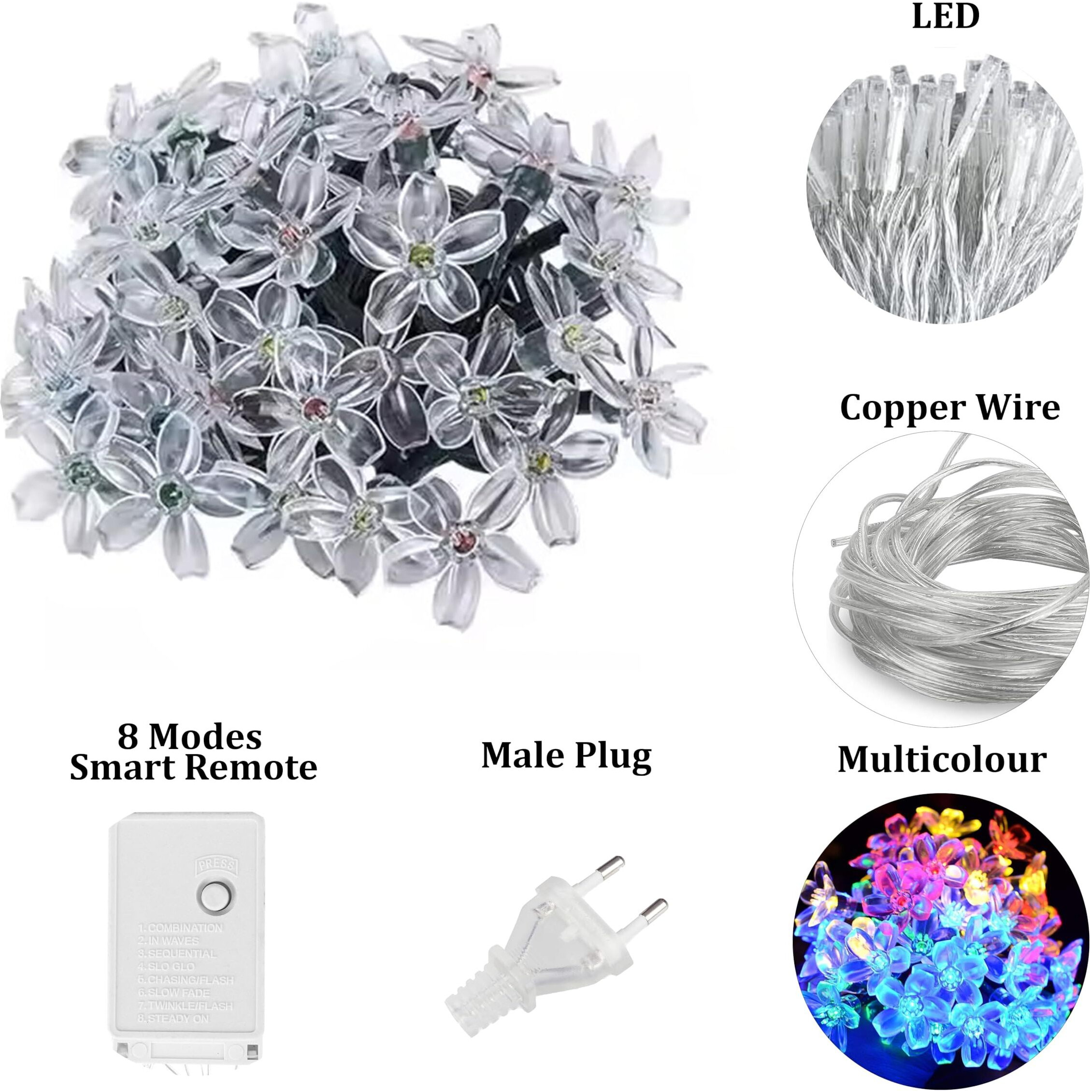 fizzytech Flower Fairy String Lights of Home Decoration Party Birthday Diwali Christmas Navratri Valentine Gift Home Decoration Light with 8 Flashing Modes (10 Meter 40 LED, Multicolour)